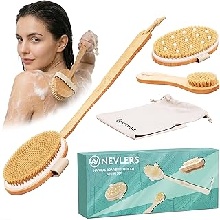 Nevlers Natural Boar Bristle Dry Brushing Body Brush 4-Piece Set | Brush Kit for Exfoliating, Lymphatic Drainage & Circulation | Body Brush, Face Brush, Long-Handled Back Brush + Storage Bag