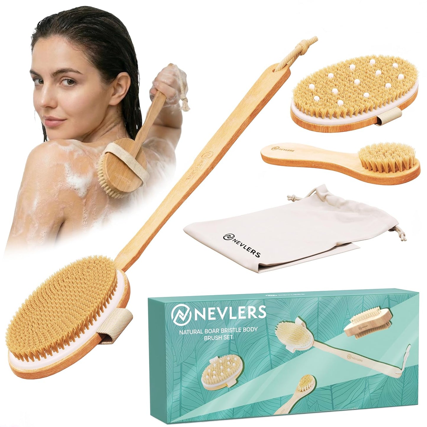 Nevlers Natural Boar Bristle Dry Brushing Body Brush 4-Piece Set | Brush Kit for Exfoliating, Lymphatic Drainage & Circulation | Body Brush, Face Brush, Long-Handled Back Brush + Storage Bag