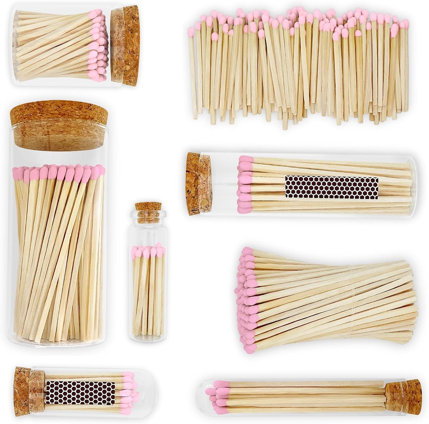 Decorative Matches in a Glass Jar | 4" Light Pink Long Matches (100 Match Sticks) + Cork Top Glass Holder + Striker Stickers | Gifts, Décor, & Candle Accessories | by Thankful Greetings, USA