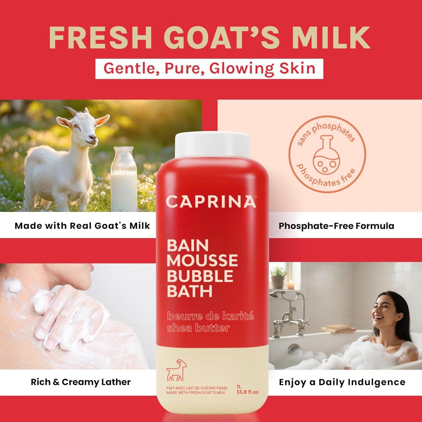 Caprina Fresh Goat’s Milk Bubble Bath, 1L, Hydrating Relaxing Foam Bath, Moisturizing and Gentle on Skin, Made in Canada (Shea Butter)