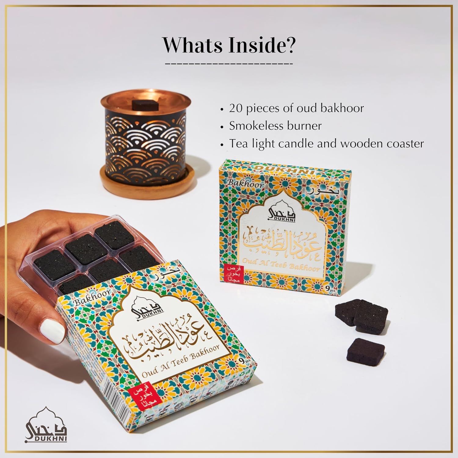 Oud Al Teeb Bakhoor Set by Dukhni | 2 x 9 Piece Each & Rainbow Bakhoor Burner | Arabic Bakhoor Incense | Sweet Fruity Oud Blend | Perfect for Prayer Time | to Relax & Meditate