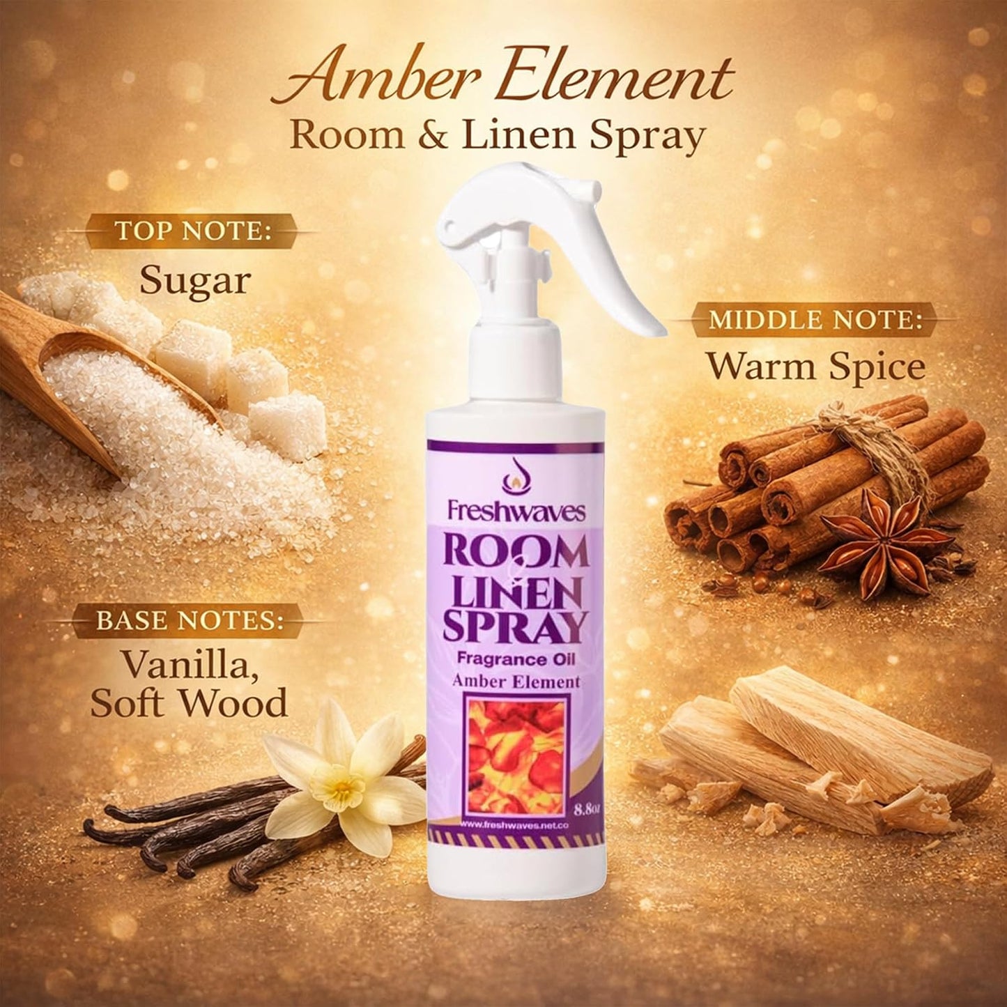 Freshwaves Amber Element Air Freshener Spray | Room & Linen Spray | Odor Eliminator for Home, Bedroom, Bathroom & Office | 8.8oz