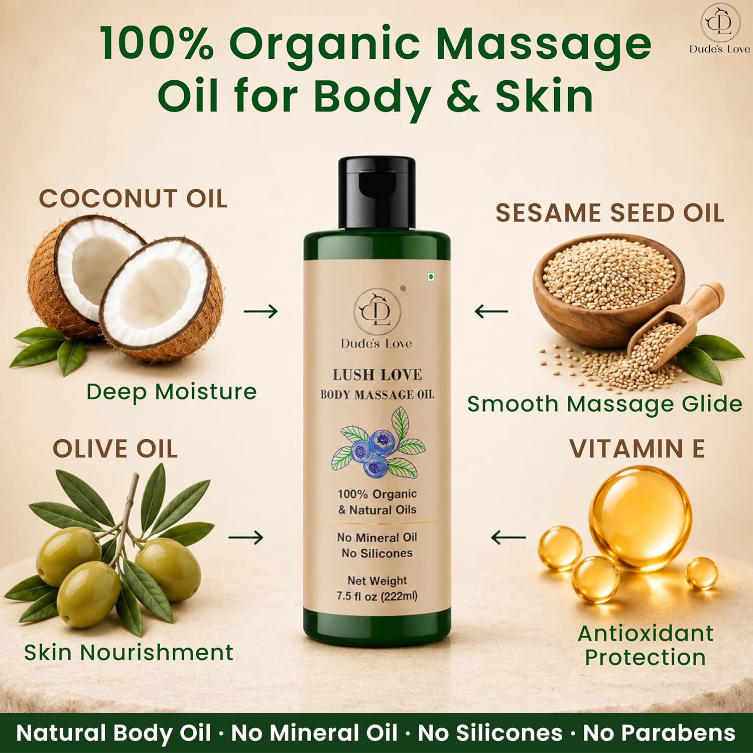 Lush Love Massage Oil | Lime & Juniper Berry Essential Oils | 100% Natural & Organic | No Mineral Oil, No Silicones | Non-Greasy Body Oil | Massage, MOISTURISE, Recover | 7.5 fl oz (222ml)
