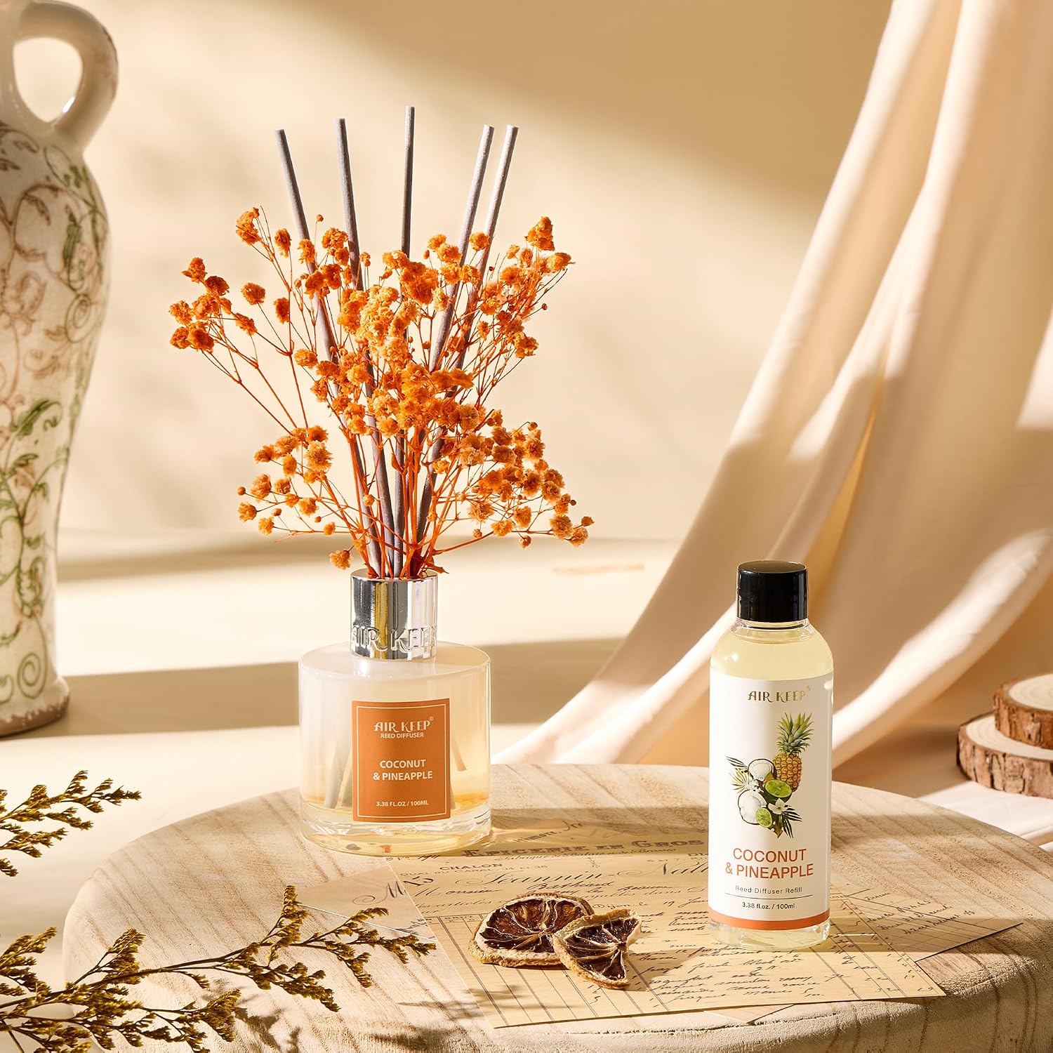 Airkeep Reed Diffuser Oil Refill/Coconut&Pineapple/3.38oz（100ml/1 Pack/Scented Oil Refill for Diffuser Home Fragrance for Bedroom, Bathroom Office Home Decor