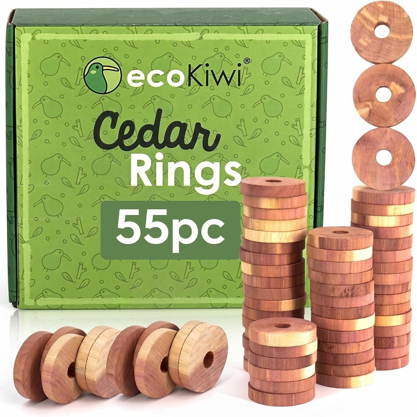 ecoKiwi Cedar Blocks for Clothes Storage - 55 Pack Cedar Rings - 100% Natural Aromatic Cedar for Closets & Drawers - Red Cedarwood Oil Scented Chips with Sandpaper - Cedar Planks Freshener Deodorizer