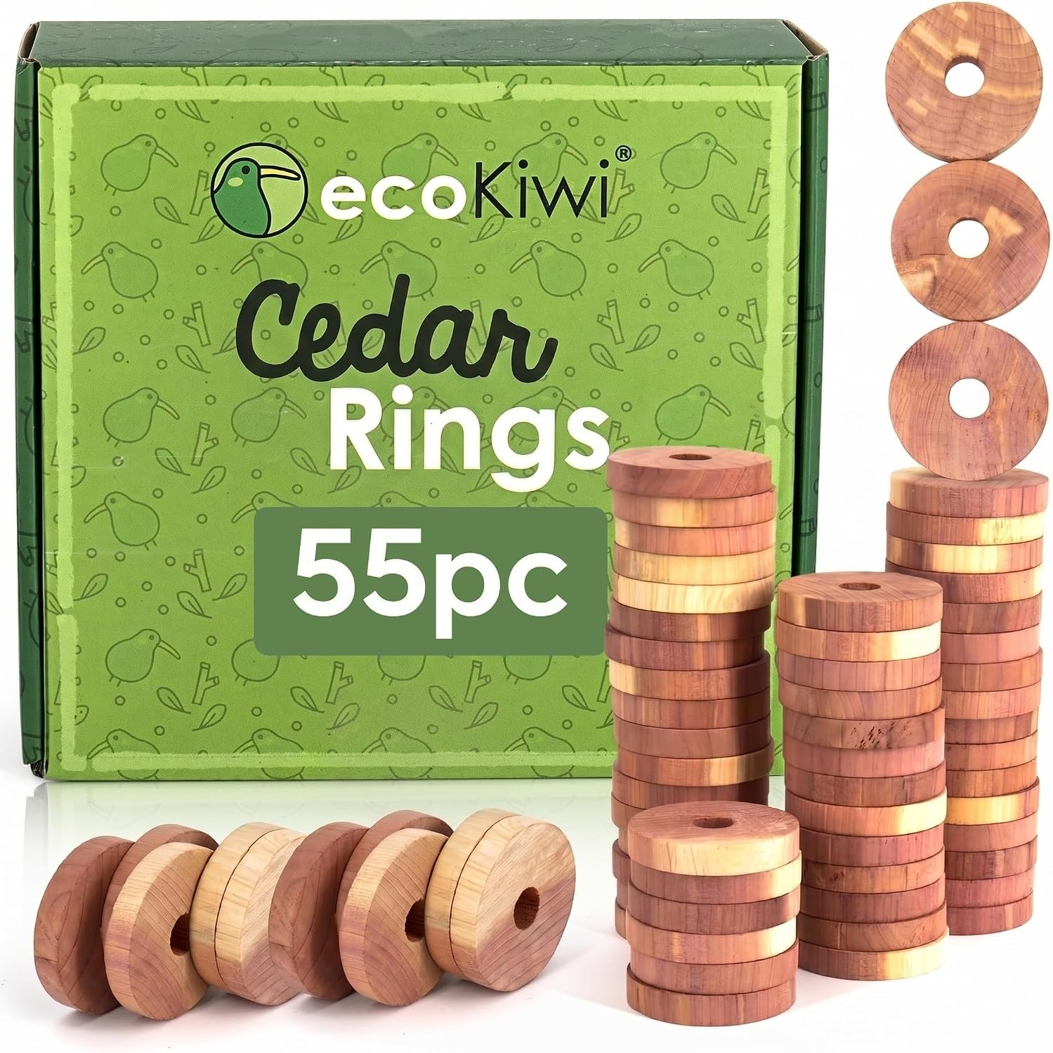 ecoKiwi Cedar Blocks for Clothes Storage - 55 Pack Cedar Rings - 100% Natural Aromatic Cedar for Closets & Drawers - Red Cedarwood Oil Scented Chips with Sandpaper - Cedar Planks Freshener Deodorizer