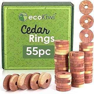 ecoKiwi Cedar Blocks for Clothes Storage - 55 Pack Cedar Rings - 100% Natural Aromatic Cedar for Closets & Drawers - Red Cedarwood Oil Scented Chips with Sandpaper - Cedar Planks Freshener Deodorizer