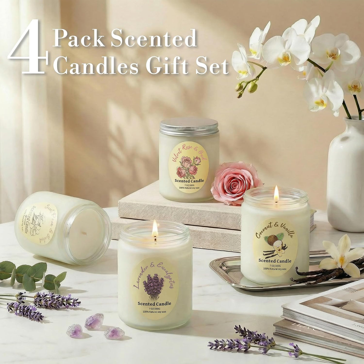 4 Pack Scented Candles Gift Set, Natural Soy Wax Non Toxic 28 oz for Home