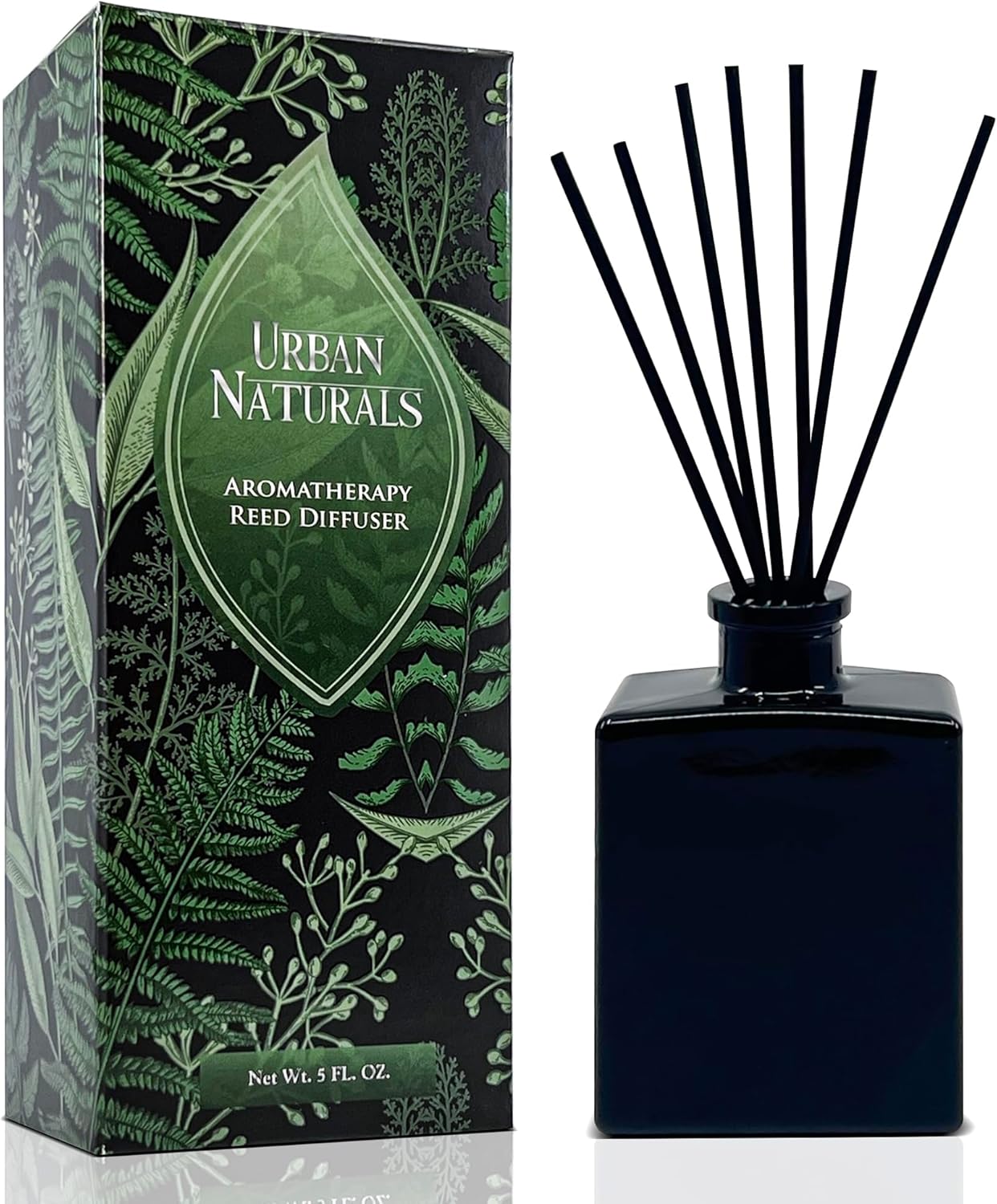 Urban Naturals Balsam Forest Reed Diffuser Oil Set – Fraser Fir, Evergreen, Pine, Woodsy Cedar and Sandalwood – 5 Ounce Sleek Black Rectangular Refillable Glass Bottle – Made in the USA
