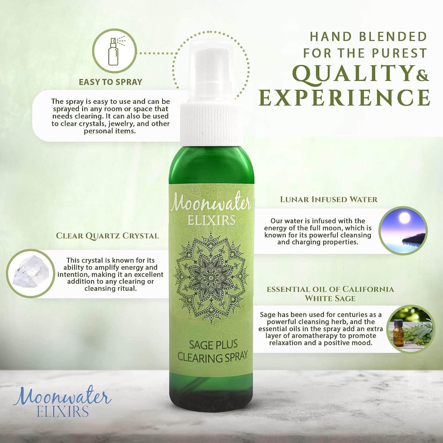 White Sage Smudge Spray for Spiritual Cleansing & Aura Protection, Sage Mist for Cleansing Negative Energy & Protection, Home & Meditation, Clear Quartz Reiki Energized Aromatherapy Room Spray - 4oz