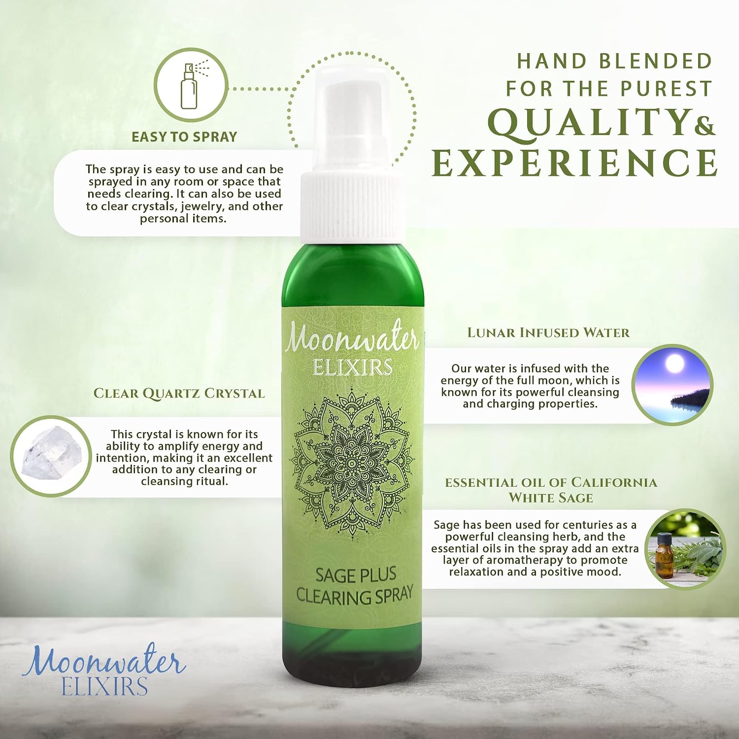 White Sage Smudge Spray for Spiritual Cleansing & Aura Protection, Sage Mist for Cleansing Negative Energy & Protection, Home & Meditation, Clear Quartz Reiki Energized Aromatherapy Room Spray - 4oz