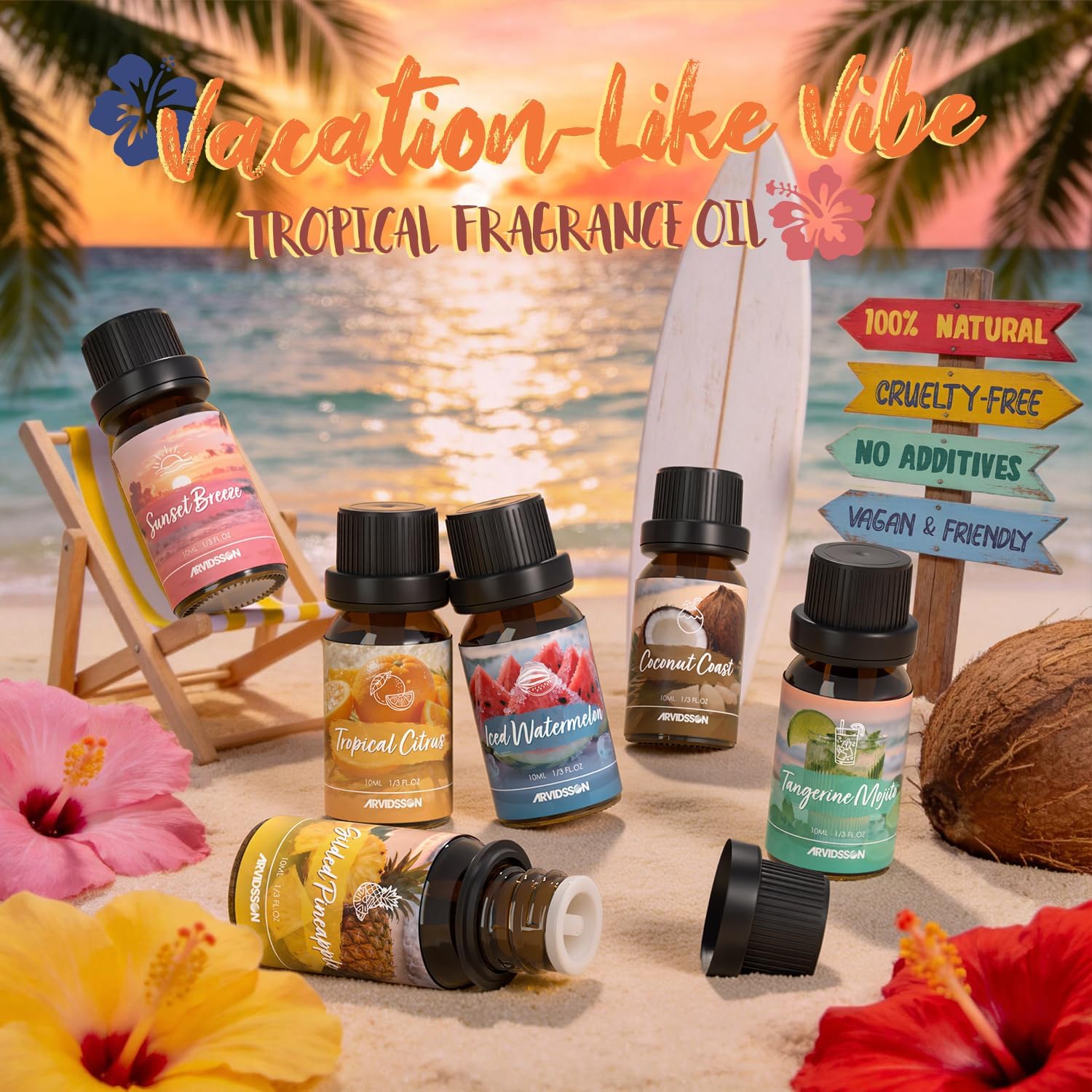 ARVIDSSON Hawaii Fragrance Oil Set, Summer Essential Oils for Diffuser, Tropical Scent Oils - Sunset Breeze, Coconut Coast, Gild Pineapple, Tropical Citrus, Iced Watermelon, Tanderine Mojito