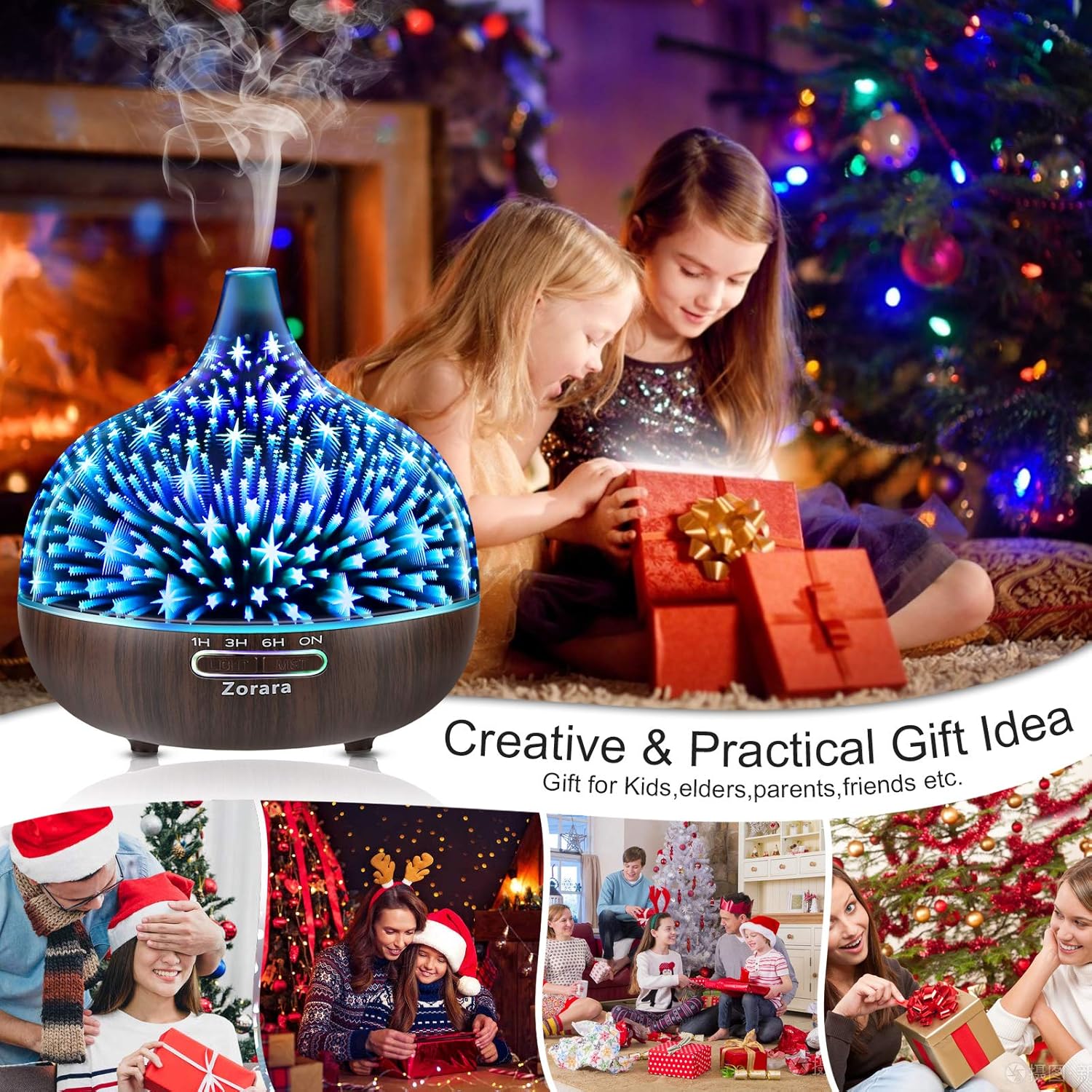Essential Oil Diffuser 550ml Cool Mist Humidifier 3D Glass Ultrasonic Aromatherapy Humidifier with 7 Color Changing Led Lights, Waterless Auto Shut-Off, Adjustable Timer, Remote Control, Star