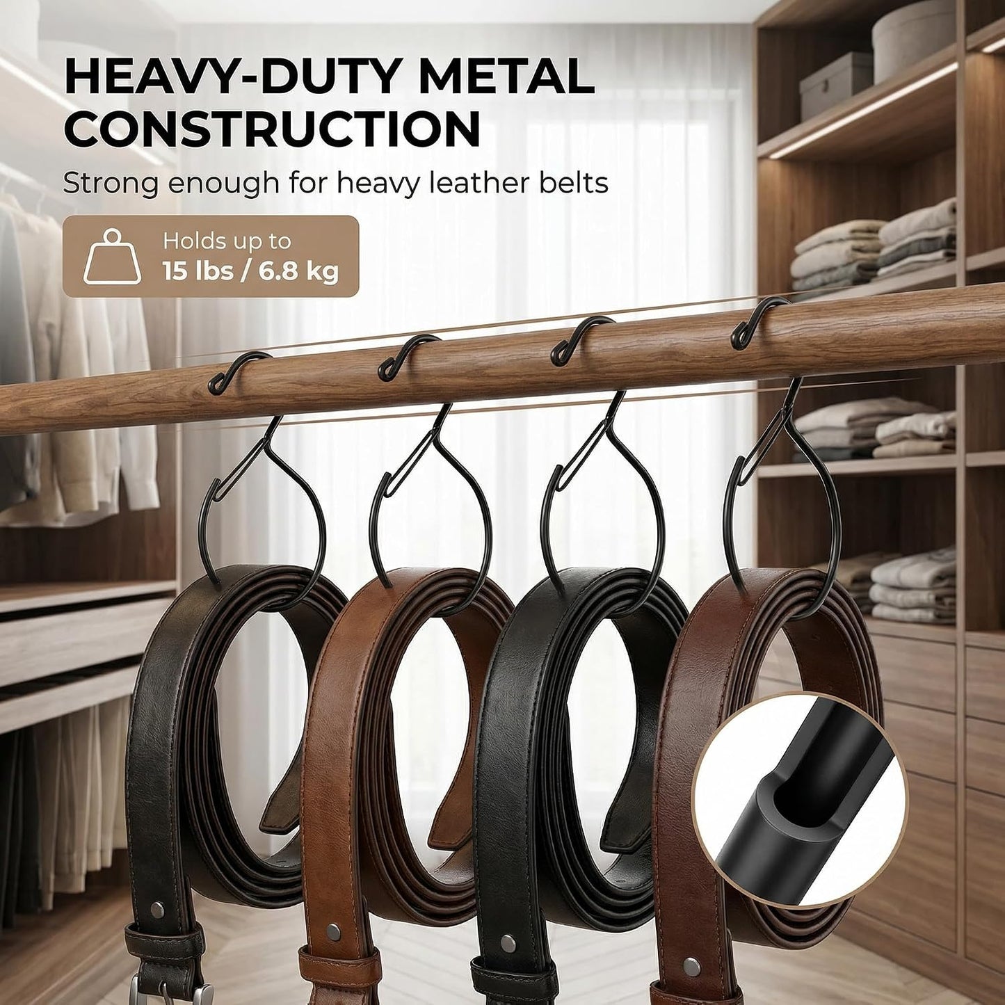 Scarf Hangers and Holder for Closet, 4 Pack Rust-Resistant Belt Hooks for Closet, S-Shaped Metal Belt Organizers, 15 lbs Heavy-Duty, Black, with 4 Lavender Sachets