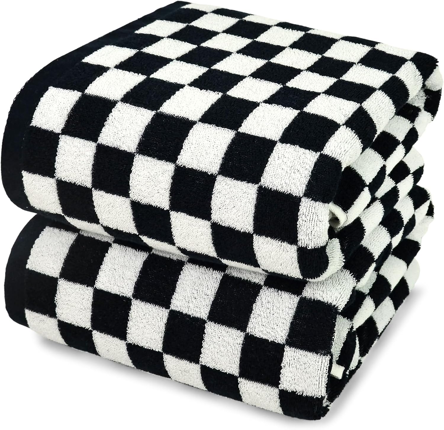 Jacquotha Black and White Checkered Cotton Bath Towels Set of 2 - Cute Aesthetic Towels for Bathroom Decor, Pool, Beach, Spa, 27.5" x 55"