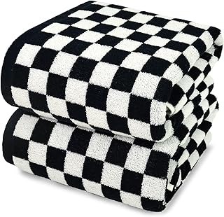 Jacquotha Black and White Checkered Cotton Bath Towels Set of 2 - Cute Aesthetic Towels for Bathroom Decor, Pool, Beach, Spa, 27.5" x 55"