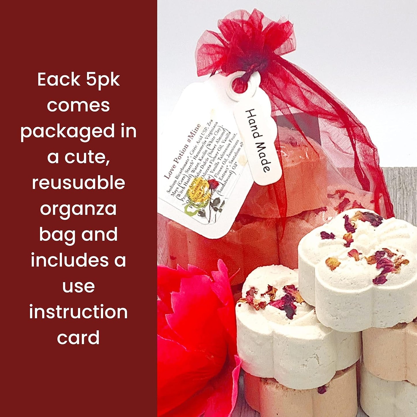 LOVE POTION #MINE Melting Shower Bombs w/Rose Petals (5PK) - Ylang Ylang, Jasmine, Vanilla Romance Essential Oil Blend – Christmas Gifts for Women – Self Care and Relaxation – Stress Relief