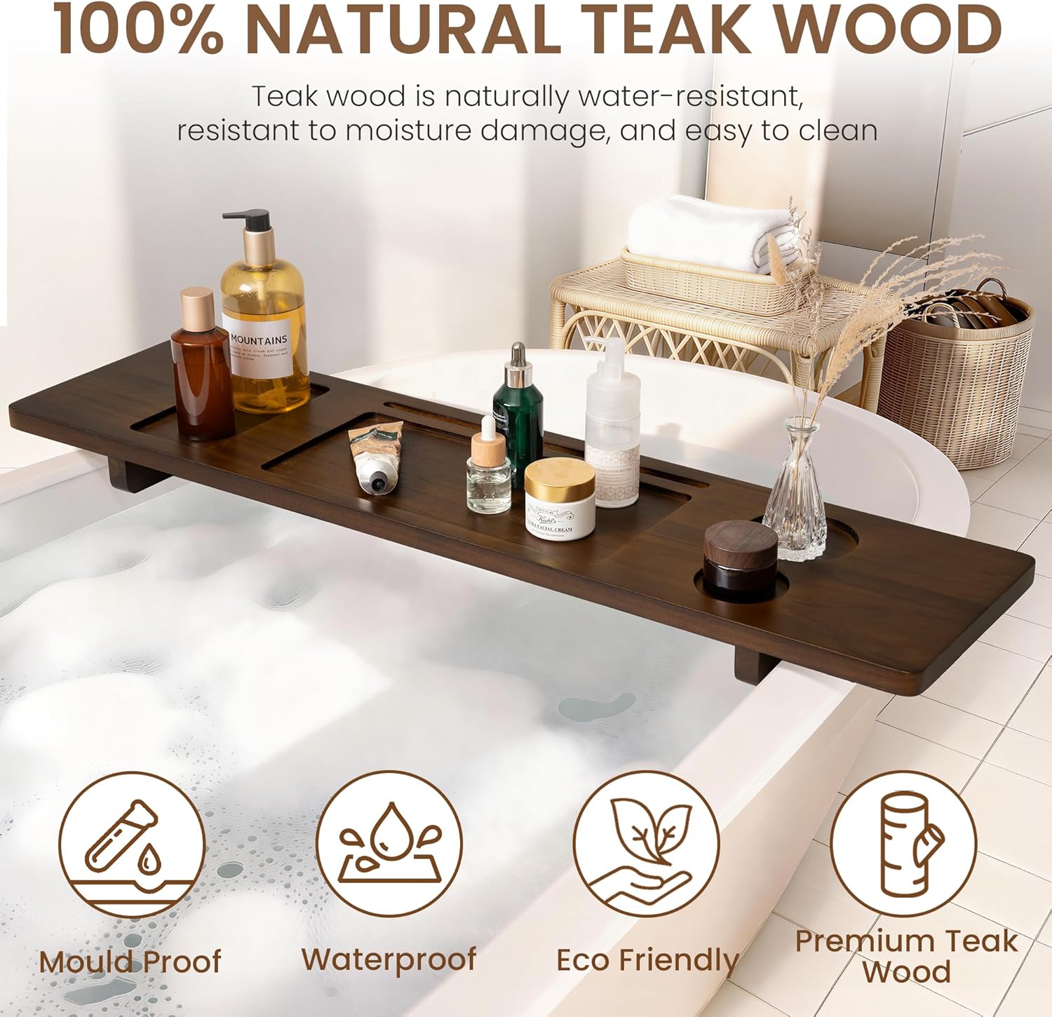 Teak Bathtub Tray - Wood Bath Caddy Tray 35" for Large Tubs - Adjustable Bathtub Table Trays - Luxury Shower Organizer for Home Spa Relaxation and Reading - Dark Walnut Color