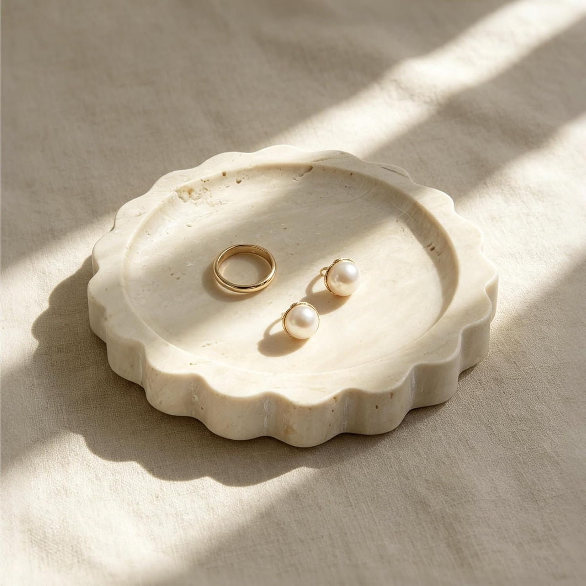 5.5 Inch Small Scallop Edge Tray, Hand-Carved Natural Stone Jewelry Holder, Travertine &amp; Marble Vanity Tray for Rings, Candles, or Keys (Travertine)