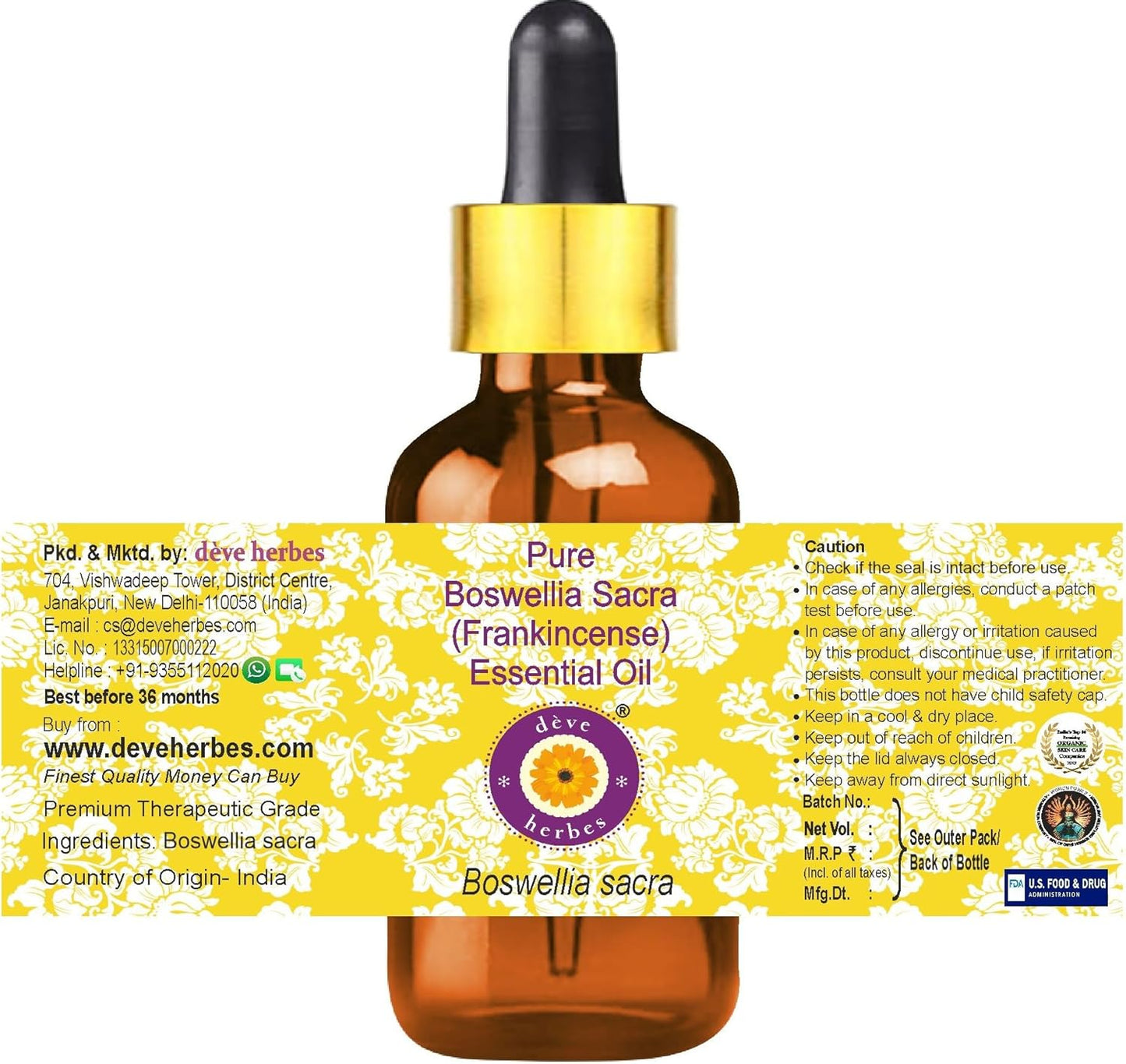 dève herbes Boswellia Sacra (Frankincense) Essential Oil (Boswellia Sacra) with Glass Dropper | Pure | Non-Greasy | Lightweight | Men & Women | All Skin Types | Steam Distilled 10ml (0.33 oz)
