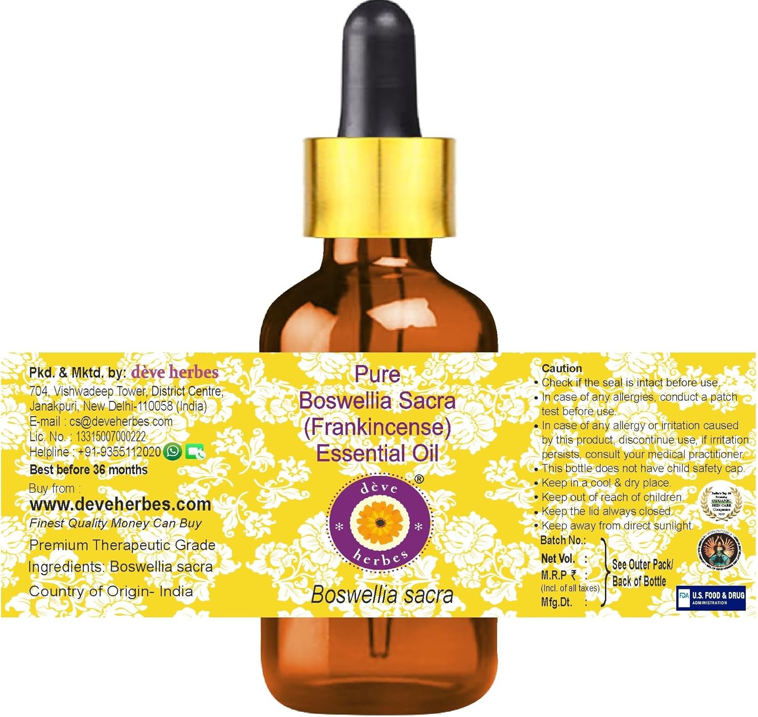 dève herbes Boswellia Sacra (Frankincense) Essential Oil (Boswellia Sacra) with Glass Dropper | Pure | Non-Greasy | Lightweight | Men & Women | All Skin Types | Steam Distilled 10ml (0.33 oz)