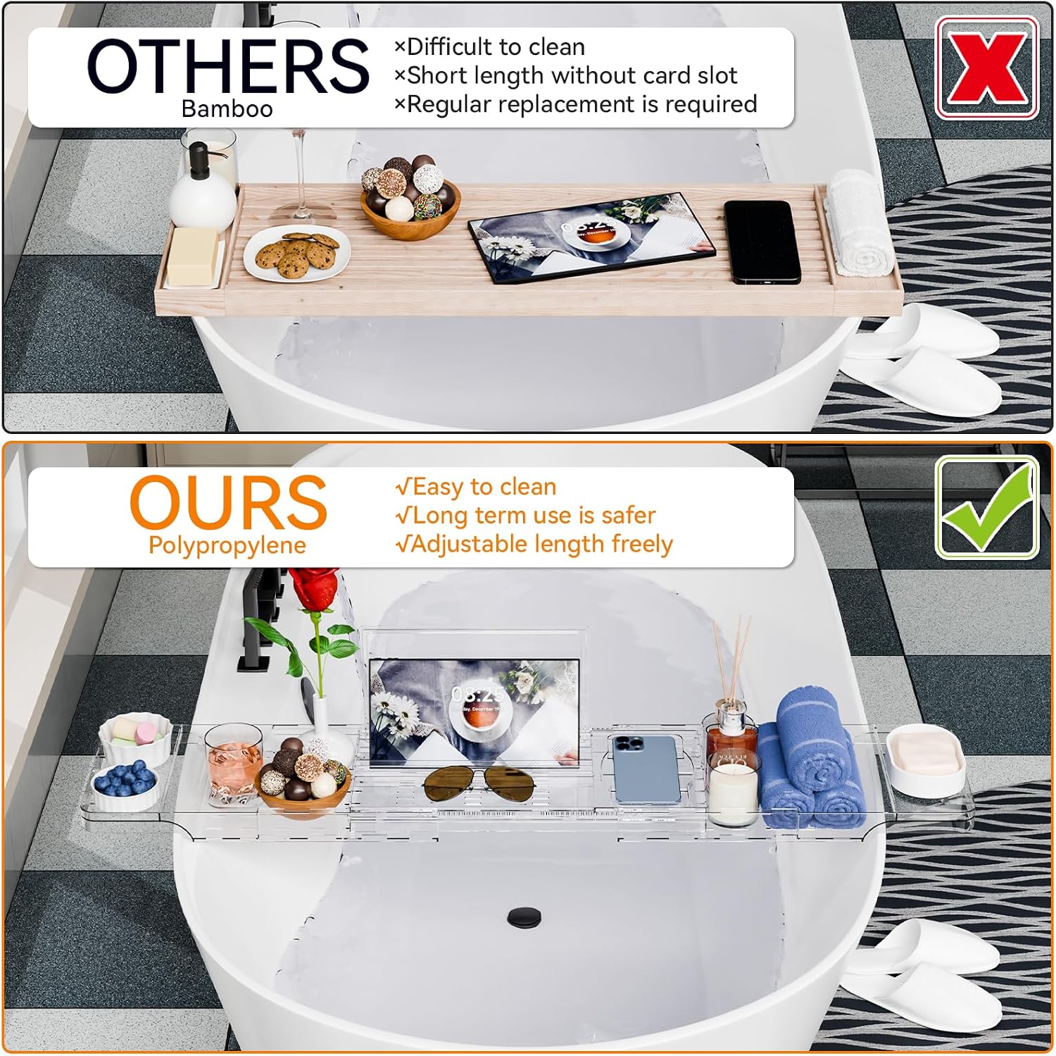 Yieach Luxury Clear Bathtub Shelf Across Tub,Expandable Plastic Bathtub Tray Over The Tub Bath Caddy,Free Standing Bath Table Board & Accessories for Women Relaxing with Reading Book and Ipad Holder