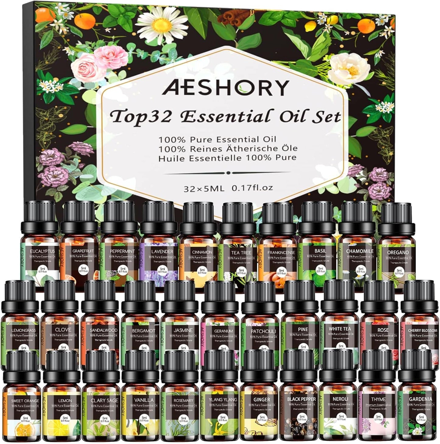Essential Oils Set - 32x5ml Pure Aromatherapy Essential Oils Kit for Diffuser, Humidifier, Aromatherapy, Massage, Skin & Hair Care - Lavender, Tea Tree, Eucalyptus, Sandalwood, Peppermint, Rosemary
