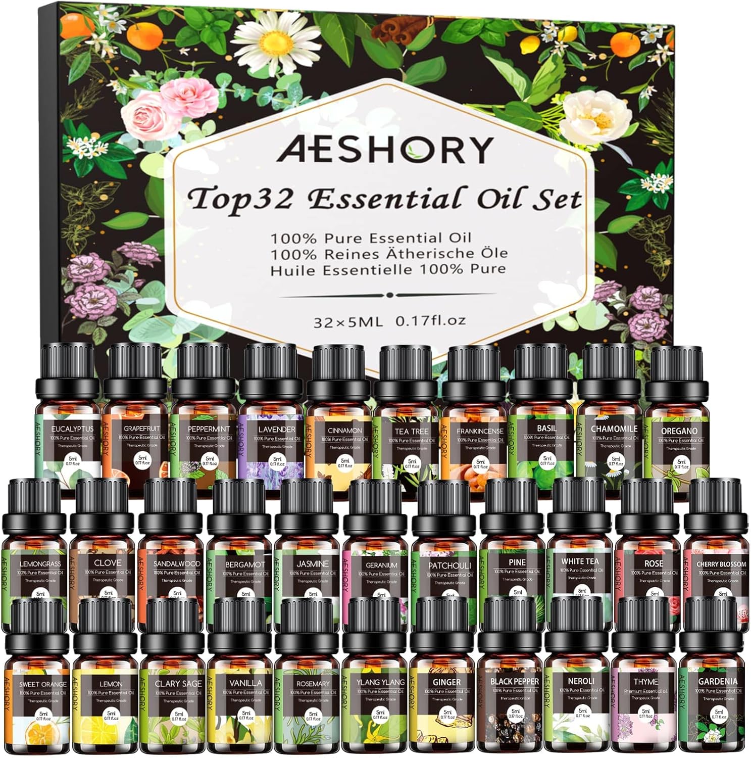 Essential Oils Set - 32x5ml Pure Aromatherapy Essential Oils Kit for Diffuser, Humidifier, Aromatherapy, Massage, Skin & Hair Care - Lavender, Tea Tree, Eucalyptus, Sandalwood, Peppermint, Rosemary