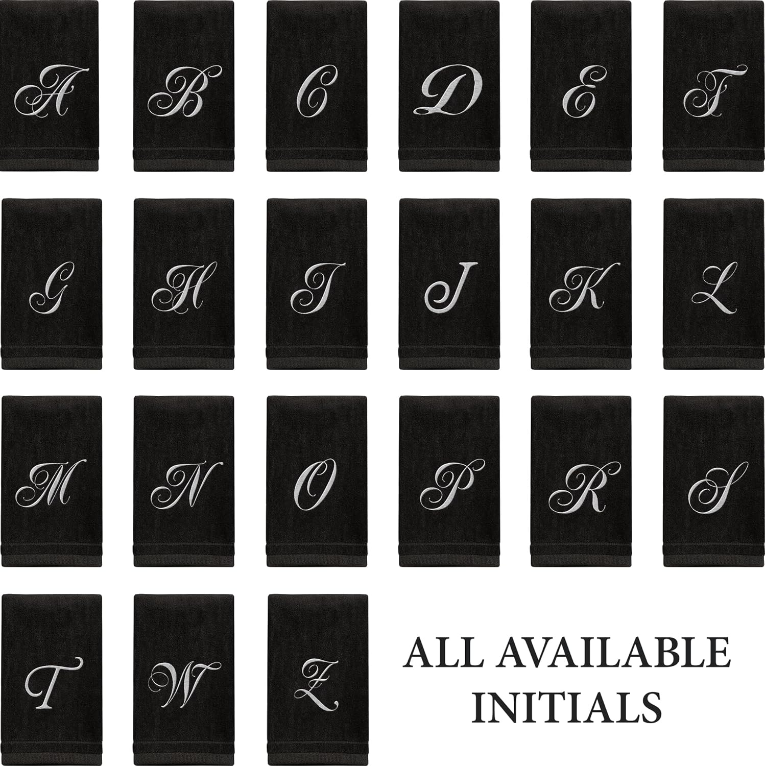 Monogrammed Towels Fingertip, Personalized Gift, 11 x 18 Inches - Set of 2 White Embroidered Towel - Extra Absorbent 100% Cotton - Soft Velour Finish - For Bathroom/ Kitchen/ Spa - Initial N (Black)