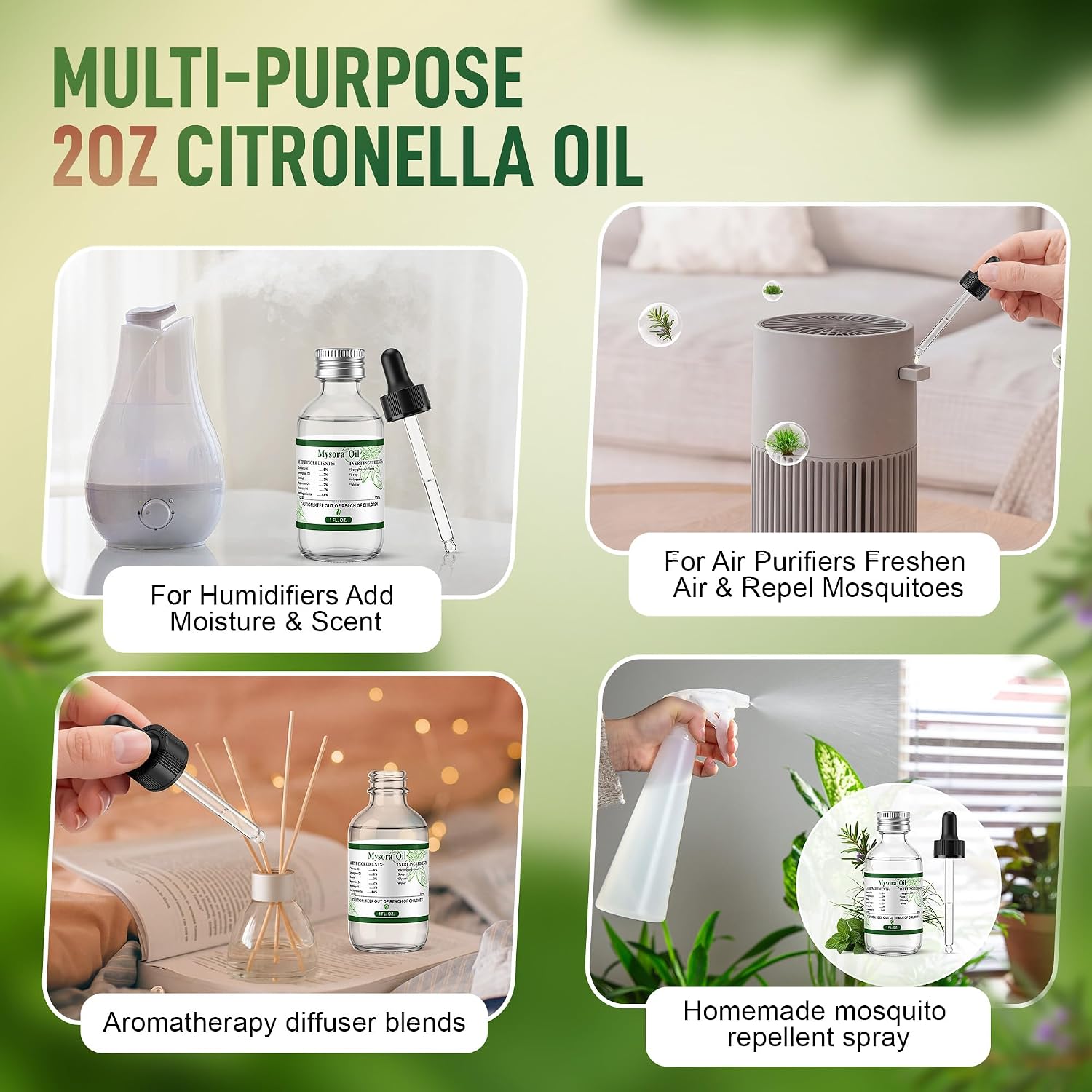 Mosquito Repellent Essential Oil Refill, 2oz Citronella Oil with Dropper for Diffusers, Humidifiers & Patio Devices, Plant-Based Bug Repellent for Camping, Hiking, Home Indoor & Outdoor Use
