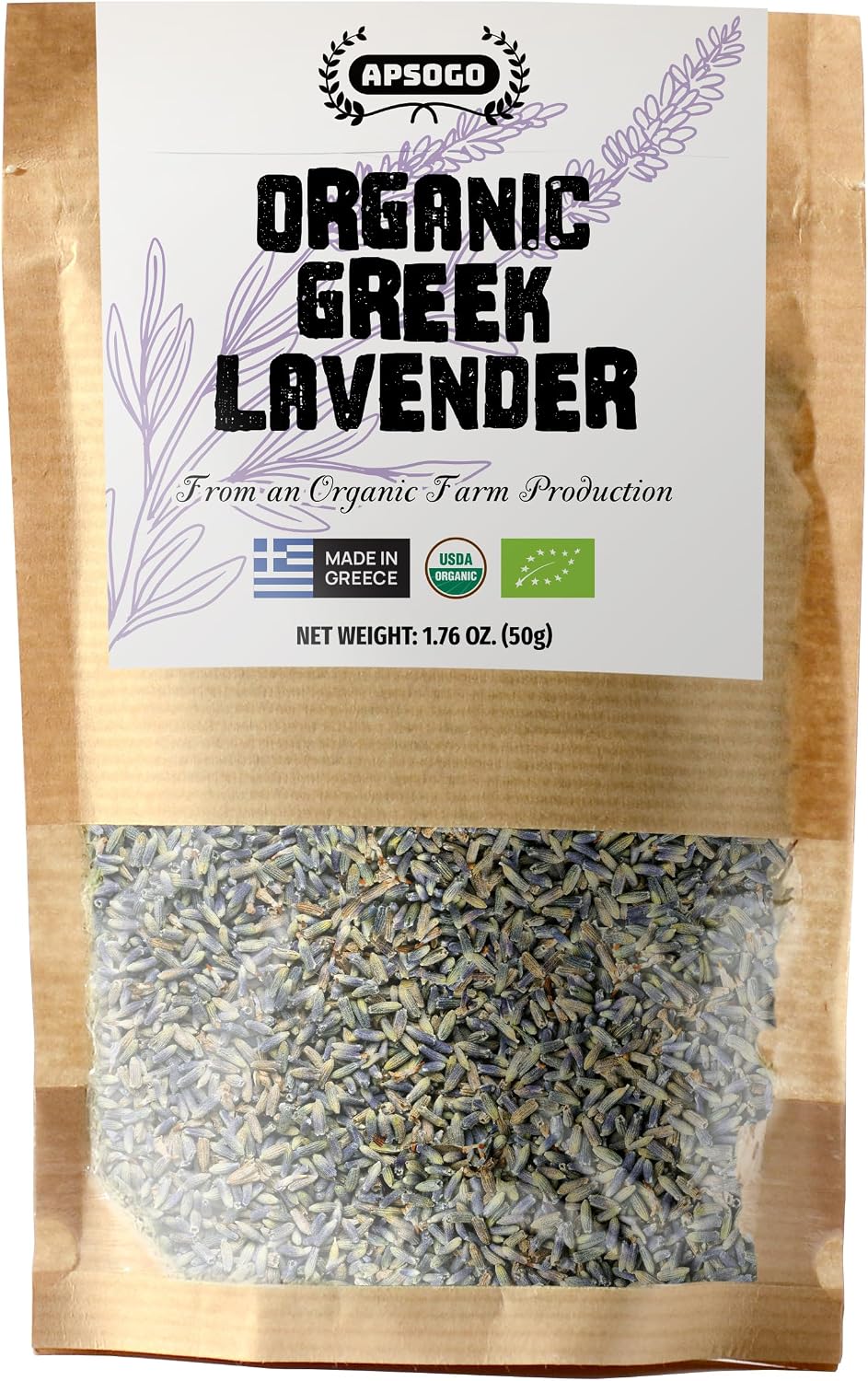 Apsogo Organic Greek Lavender - Dried Culinary Lavender for Tea, 1.76oz | Single-origin Lavandula angustifolia, hand-harvested in the Peloponnese. Whole dried lavender for tea, baking and syrups
