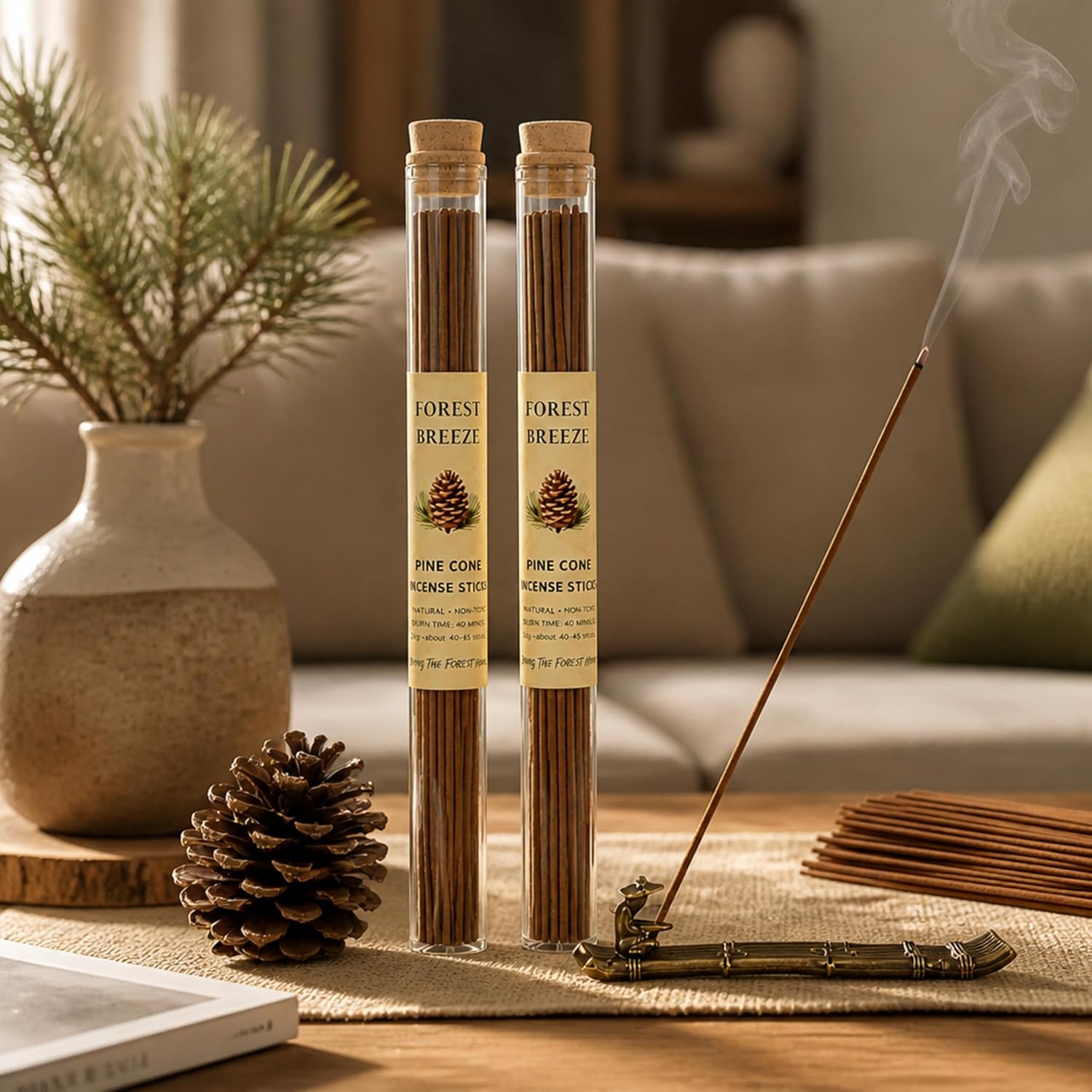 Pine Cone Incense Sticks-2 Tubes, Approx. 80-90 Sticks (40g)- Long Lasting 40 Mins Each - Pure Hand-Natural Incense Sticks for Meditation, Yoga, Relaxation & Home Fragrance Pine Cones Scent