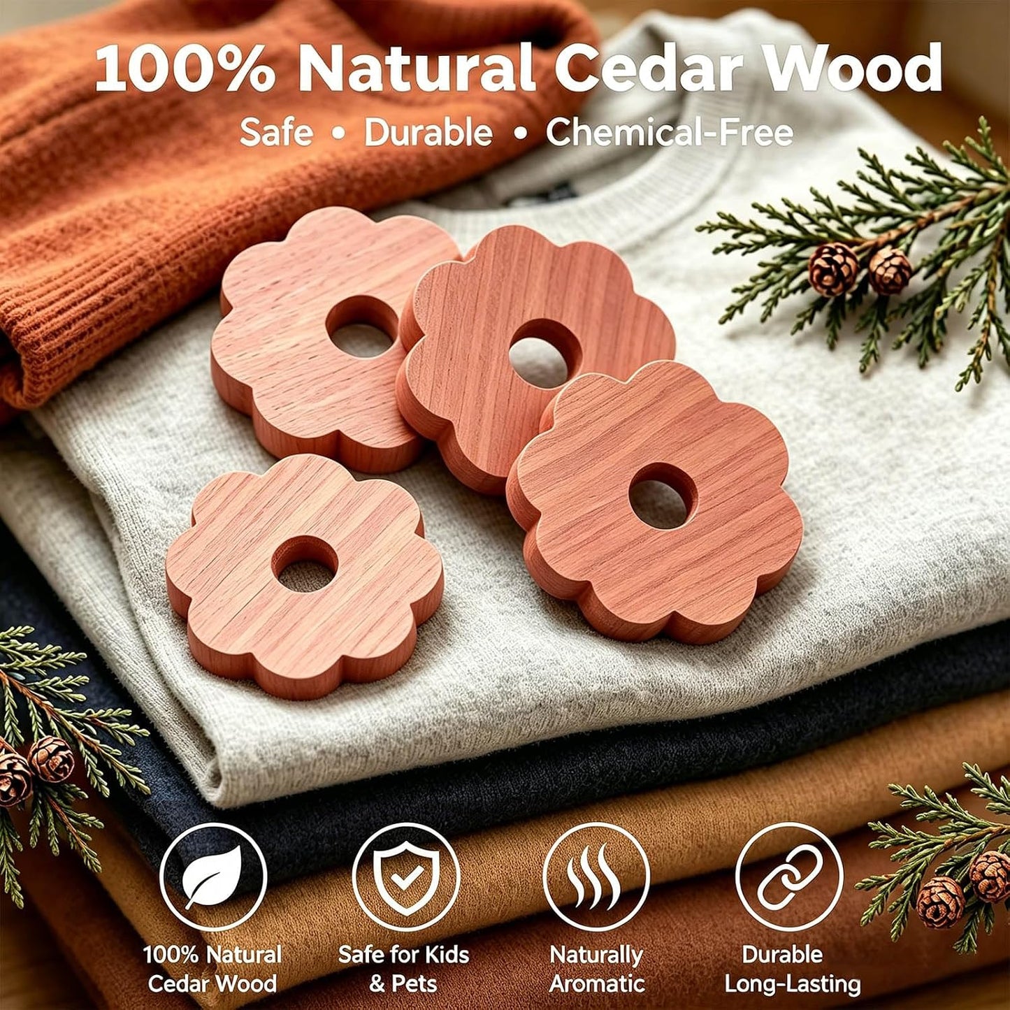 Cedar Blocks for Clothes Storage, 50 Pack 100% Natural Cedar Rings for Wardrobe Closet,Aromatic Scent Cedar Rings for Clothes Storage, Closets Clothes Hangers and Drawers