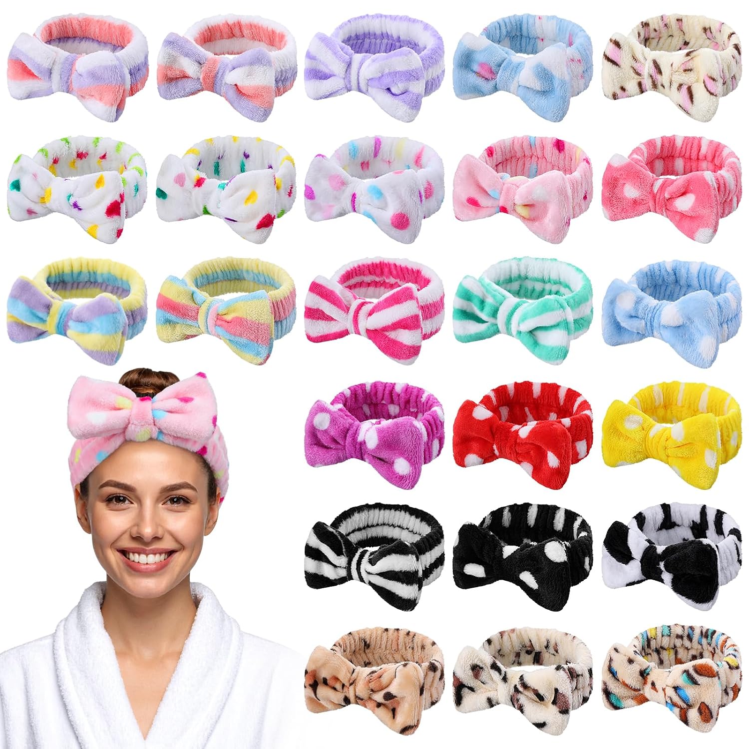 Molain 24 Pcs Spa Headband for Women Bow Hairband Adjustable Skincare Headbands Facial Head Wraps Soft Coral Fleece Makeup Headbands Bulk for Face Wash, Shower, Yoga & More