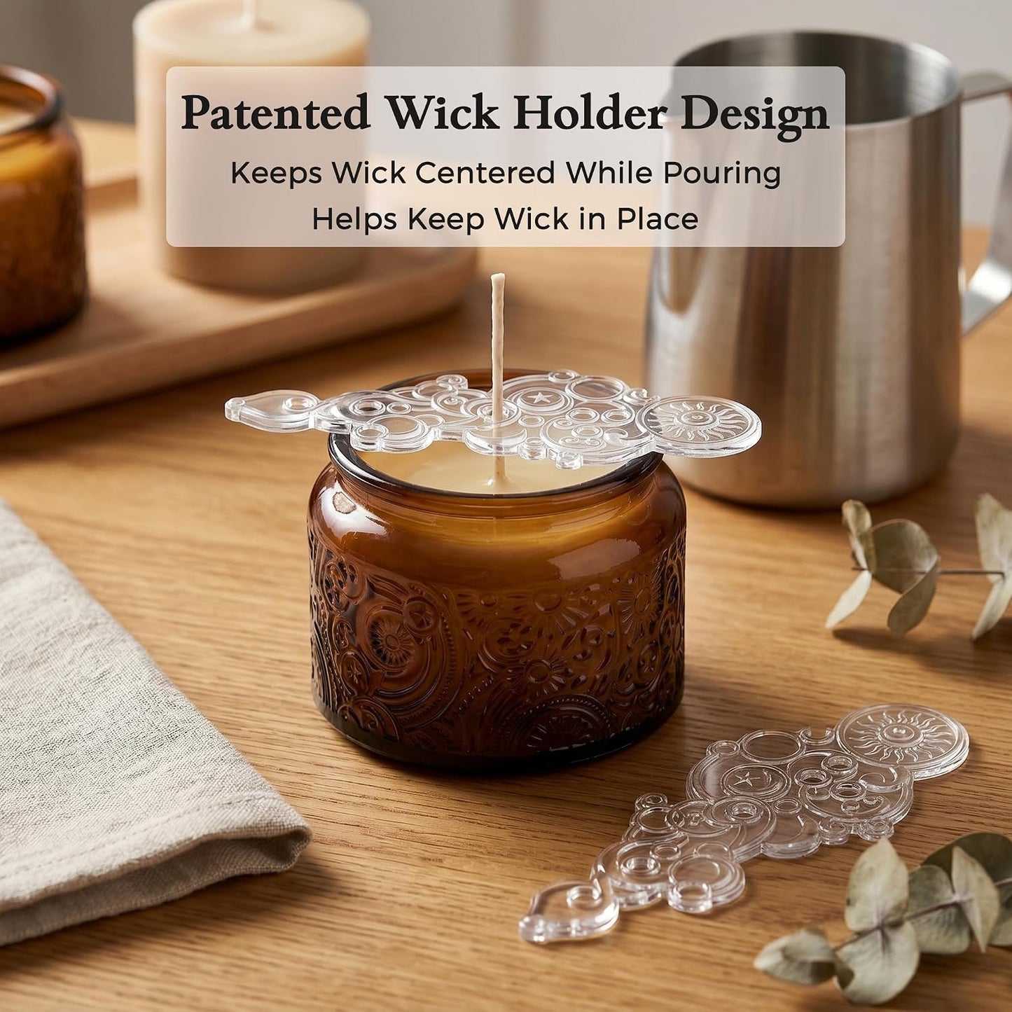 4 oz Mocha Sun Moon Stars Candle Jars with Bamboo Lids, 18 Pack | Patented Embossed Design, Includes Wick Centering Devices & Warning Labels, Multiple Color Options