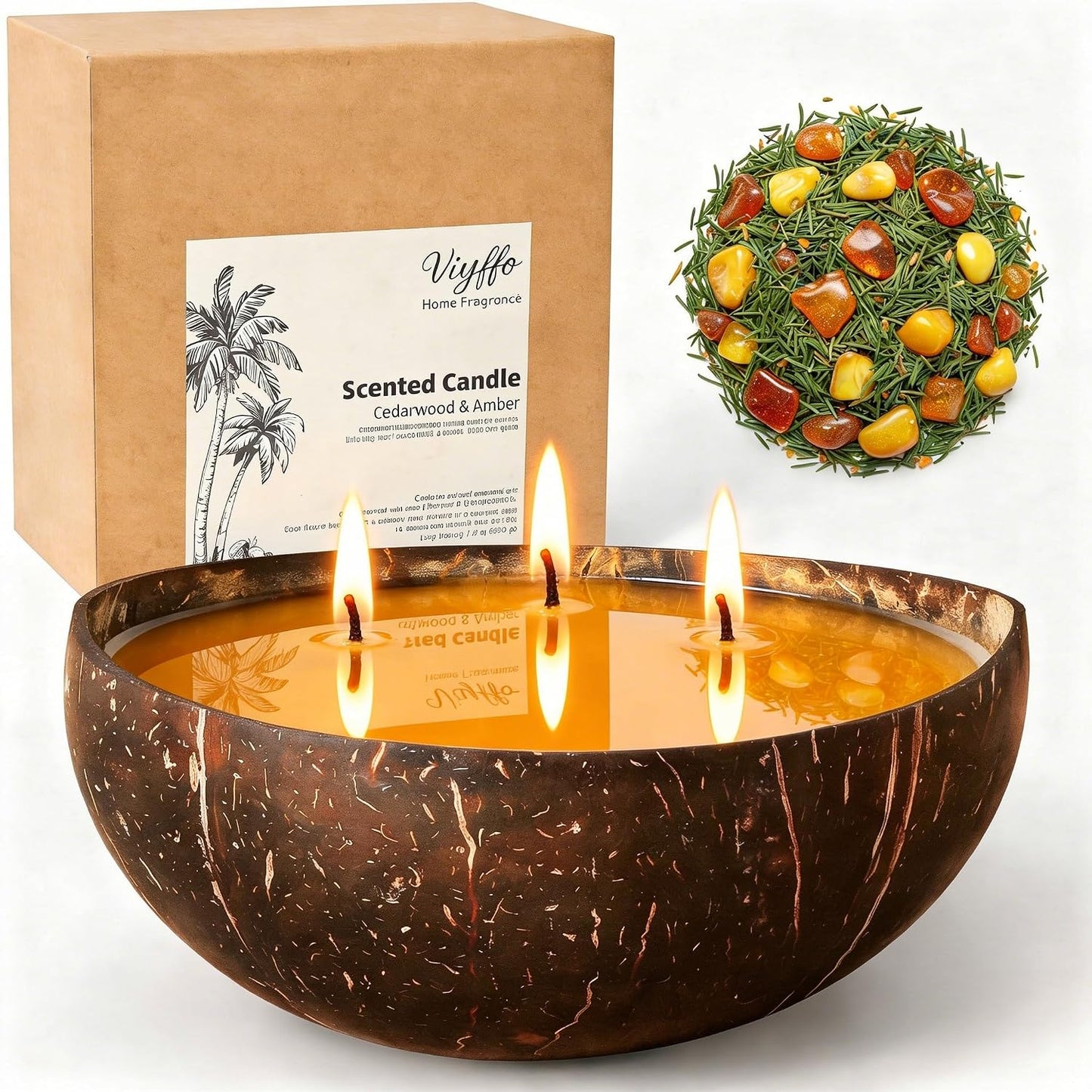 Viyffo 3 Wick 18oz Large Non Toxic Soy Candle - Cedarwood & Amber Scented Candle for Women & Men, Natural Coconut Shell Jar Perfect for Home Decor & Unique Nature Gift