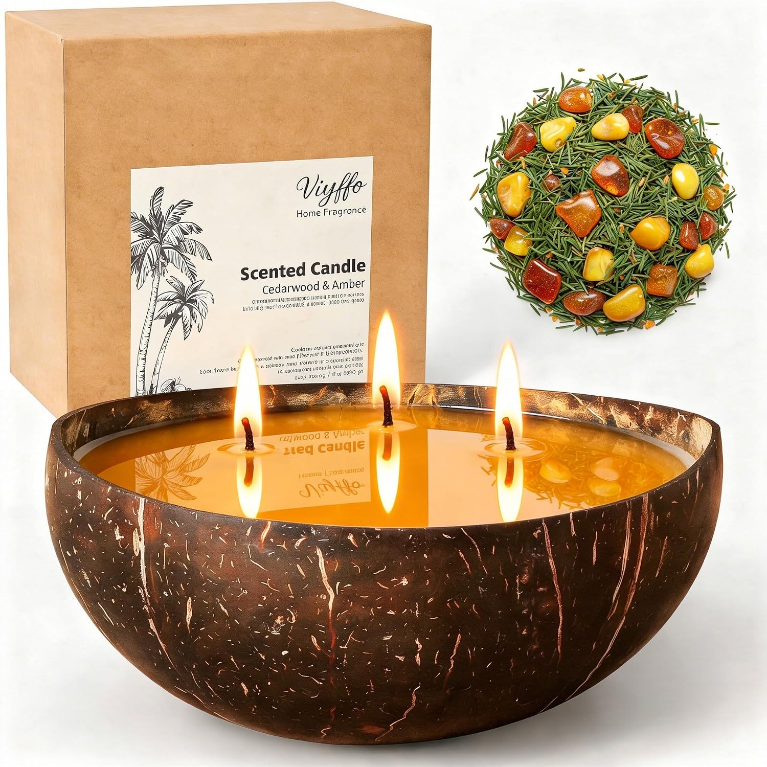 Viyffo 3 Wick 18oz Large Non Toxic Soy Candle - Cedarwood & Amber Scented Candle for Women & Men, Natural Coconut Shell Jar Perfect for Home Decor & Unique Nature Gift