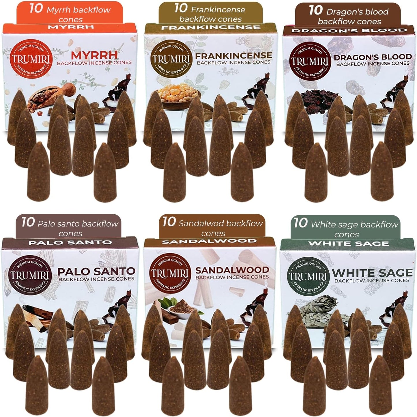 Woody - Backflow Incense Cones for Waterfall - Scented Inscents-Cones - Sandalwood, Dragons Blood, Palo Santo, White Sage - Insiensos Aromaticos - 6x10=60 Large Variety Pack - Back Flow Down Reverse