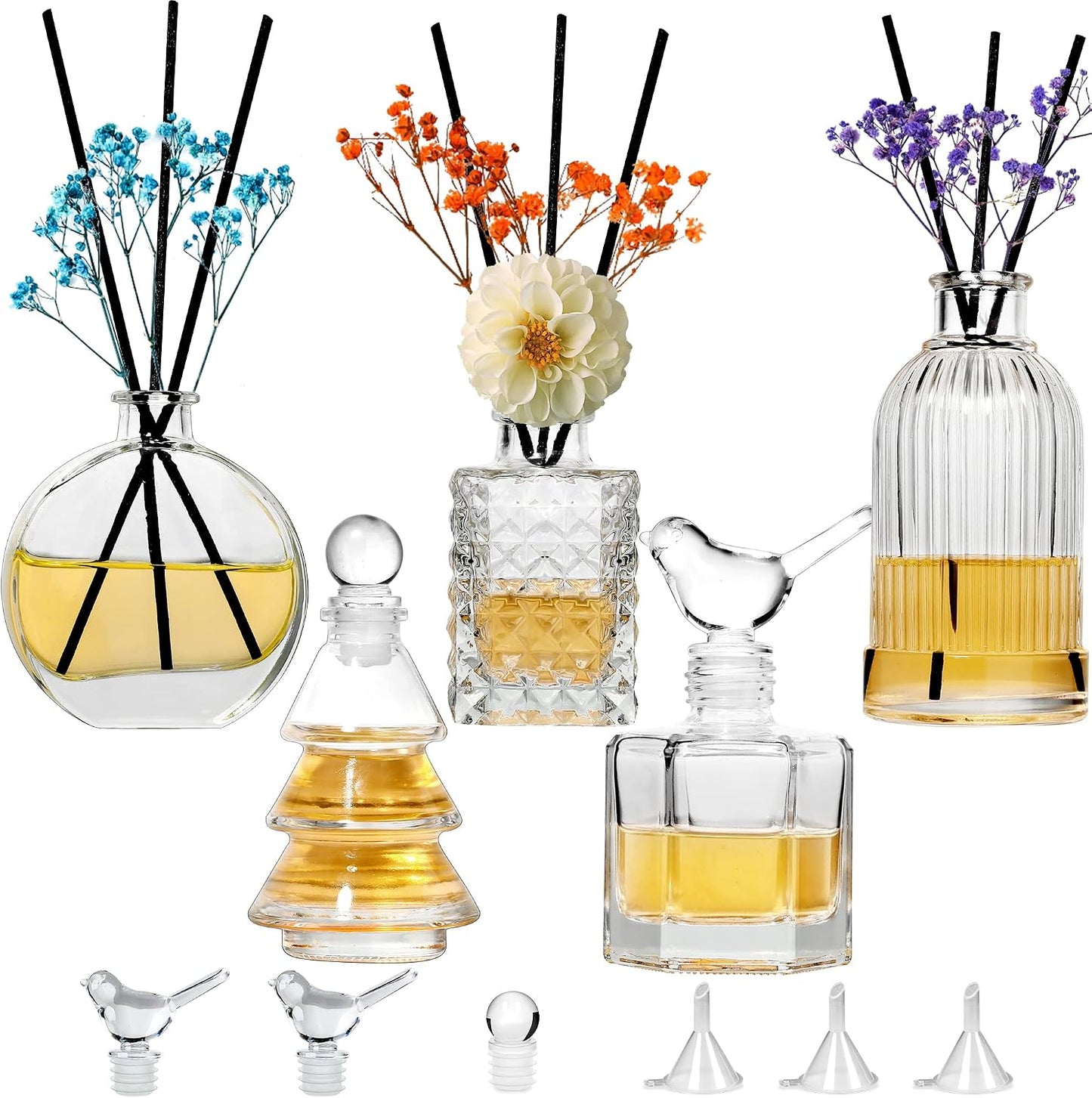 Gift Set-Glass Diffuser Bottles Set of 5 Reed Diffuser Bottle Clear Empty Decorative Bottles Vases Reeds Bulk DIY for Perfume Fragrance Home Office Desk Decoration Wedding Girl Women