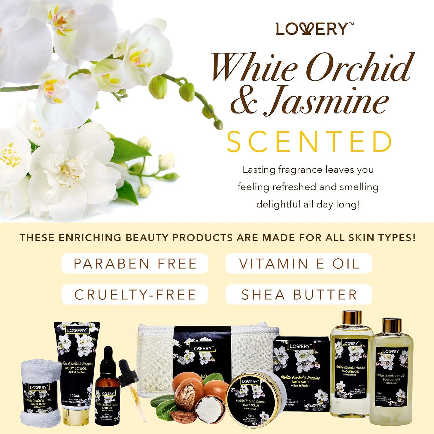 Bath and Body Gift Basket for Women – Orchid & Jasmine Home Spa Set with Body Scrubs, Lotions, Oils, Gels and More - Care Package for Women & Men - 9 Piece Womens Gifts Set