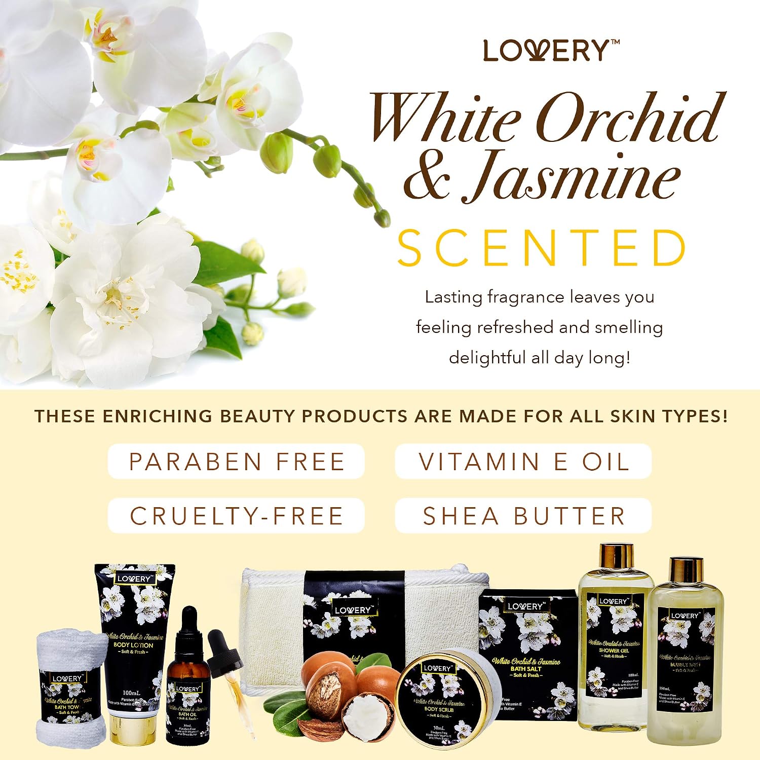 Bath and Body Gift Basket for Women – Orchid & Jasmine Home Spa Set with Body Scrubs, Lotions, Oils, Gels and More - Care Package for Women & Men - 9 Piece Womens Gifts Set