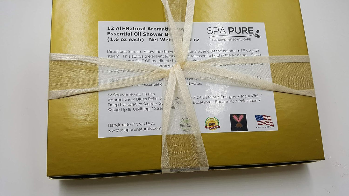 Spa Pure Aromatherapy Shower Bombs: Gold Box Rejuvenating Steamers Tablets, Bomb, Vaporizing Soothers Bath Melt for Women, Men, Organic (12 Count) Pack of 1