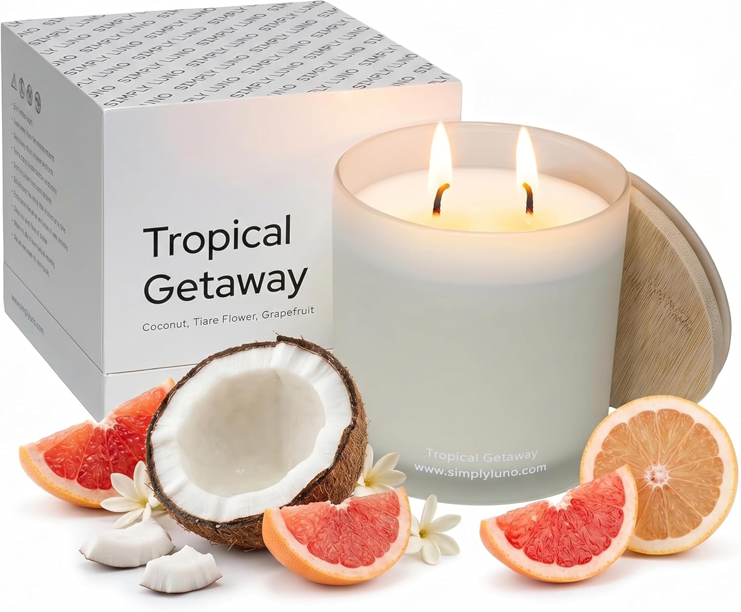 Tropical Getaway Coconut & Grapefruit Scented Candle | 14oz Soy Wax | 50+ Hour Long Lasting Burn | Reusable Glass Candle Jar with Bamboo Lid & Eco Friendly Gift Box |Luxury Scented Candle for Home