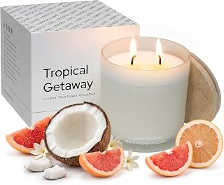 Tropical Getaway Coconut & Grapefruit Scented Candle | 14oz Soy Wax | 50+ Hour Long Lasting Burn | Reusable Glass Candle Jar with Bamboo Lid & Eco Friendly Gift Box |Luxury Scented Candle for Home