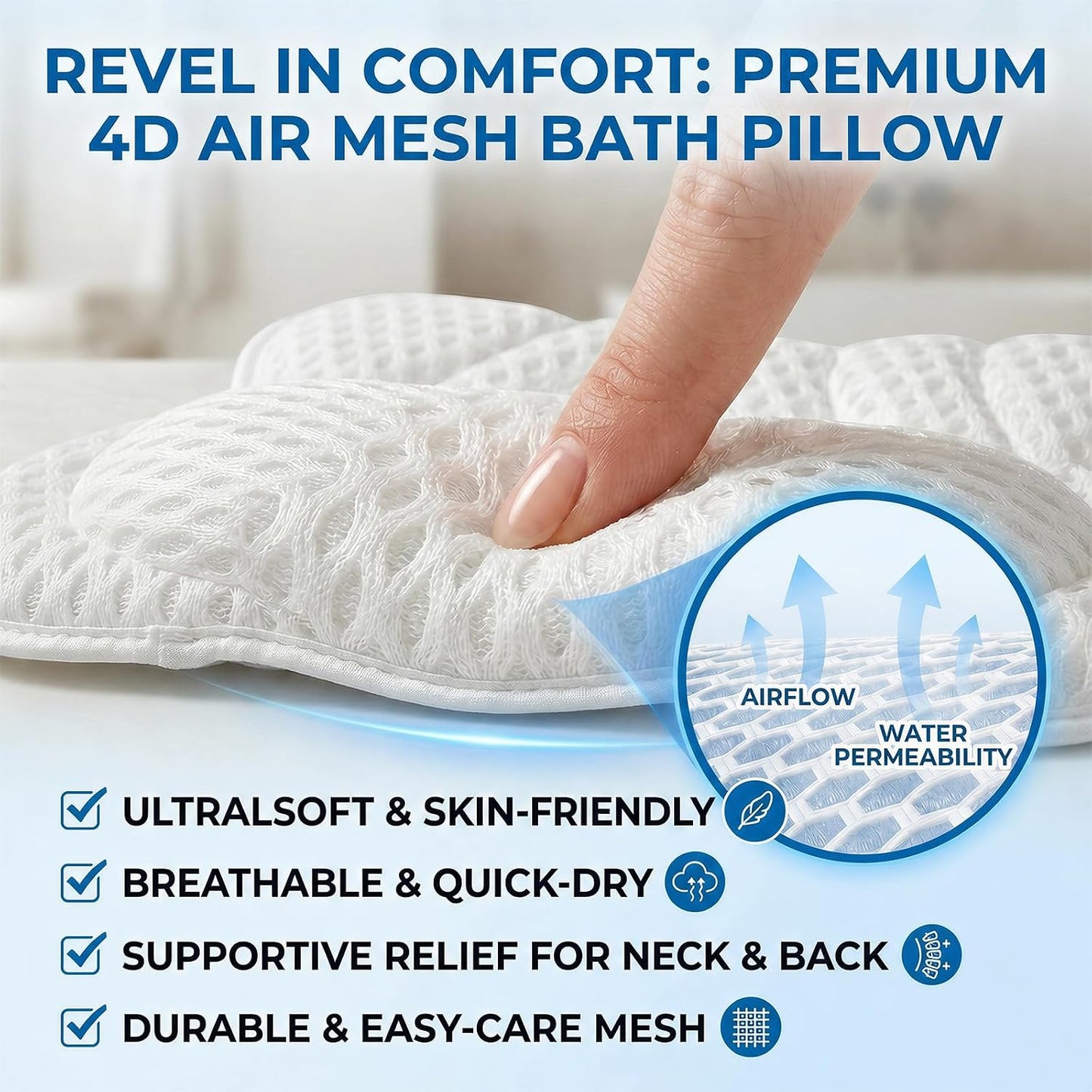 Luxury Bath Pillow for tub Supporting Head, Neck and Back, Ergonomic 4D Air Mesh Bathtub Cushion with 6 Non-Slip Suction Cups and Drying Hook for Soaking Tub and Home Spa Relaxation