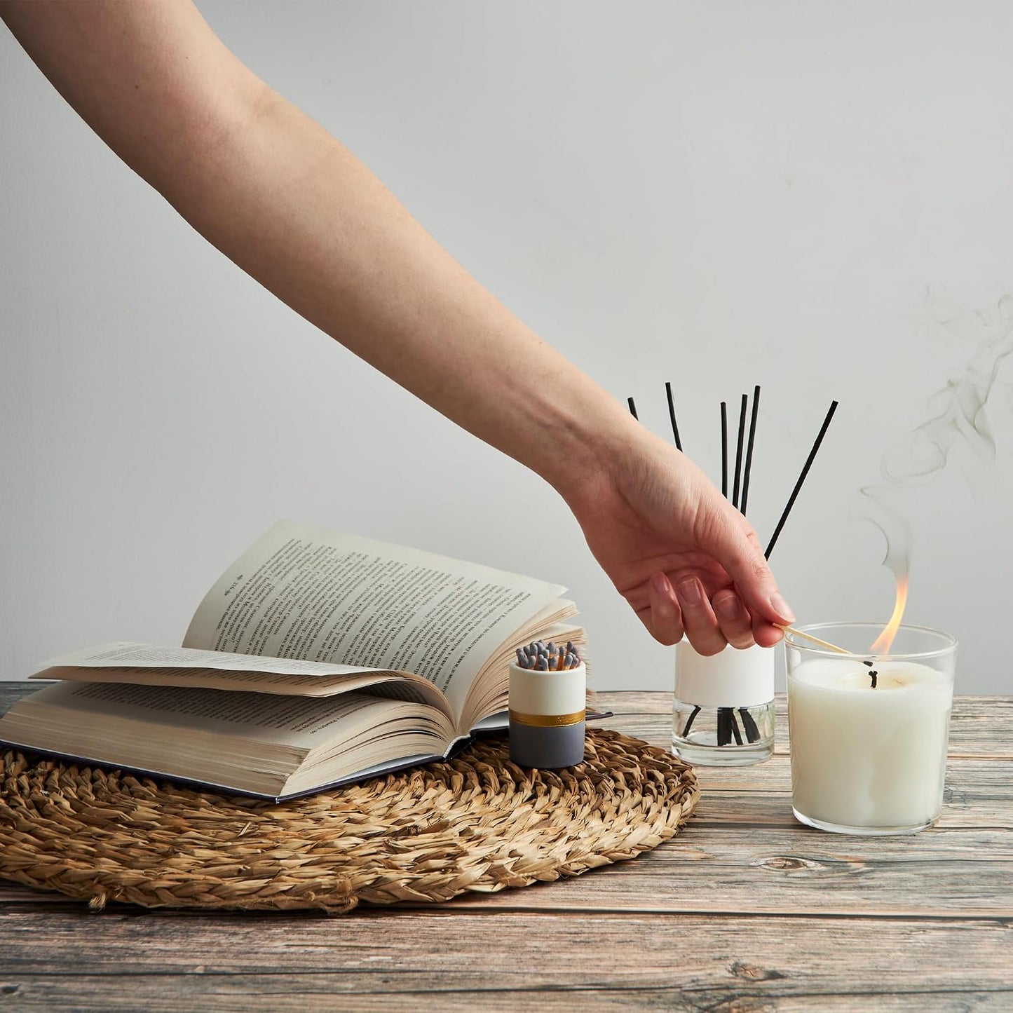 Ceramic Match Holder with Striker Pads - White/Navy/Gold - Decorative Matches in a Jar - Bathroom Matches Holder