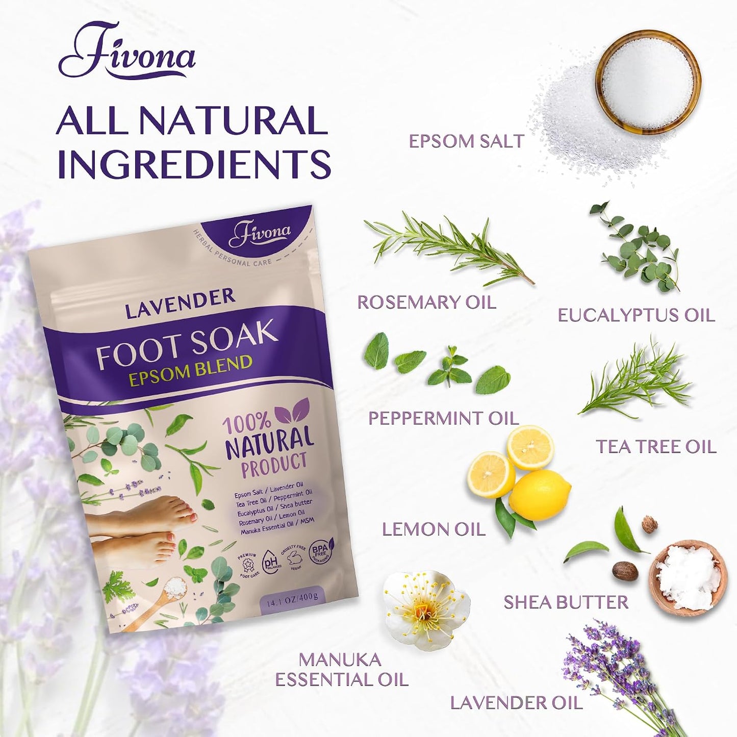 Fivona Foot Soak Blend Epsom Salt with Lavender 14.1 oz - Calming Foot Bath Salt, Relax & Renew Tired Feet, Soothe Soreness, Soften Calluses - Rejuvenating Pedicure Spa at Home