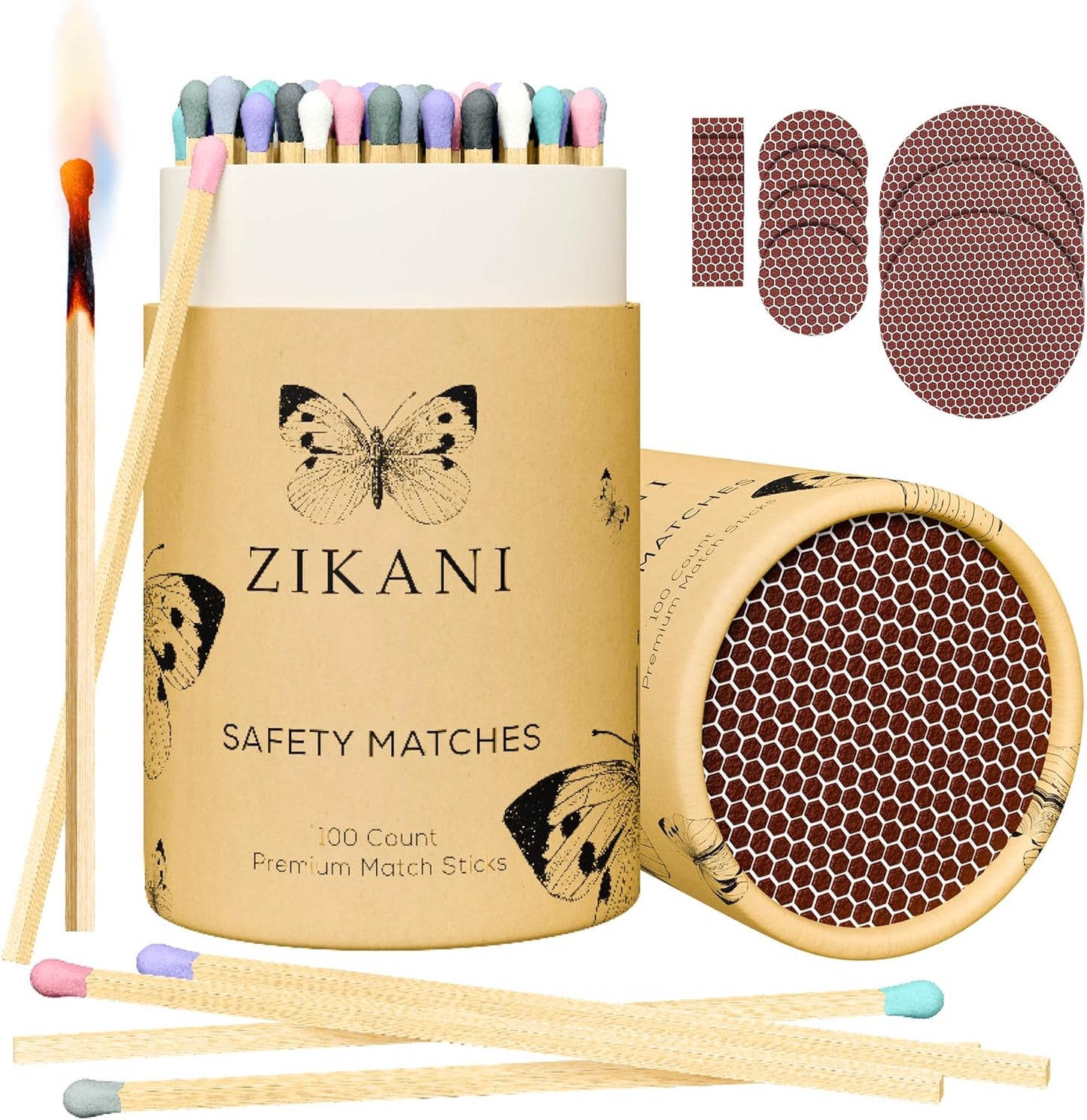 Rustic Charm Fancy Matches: 100 4-Inch Rainbow Tip Matches + Striker | Kiln-Dried Wooden Artisan Matchsticks for Decorative Cloche Jars, Fireplaces, and BBQ - 100 Count (Rainbow Tip)