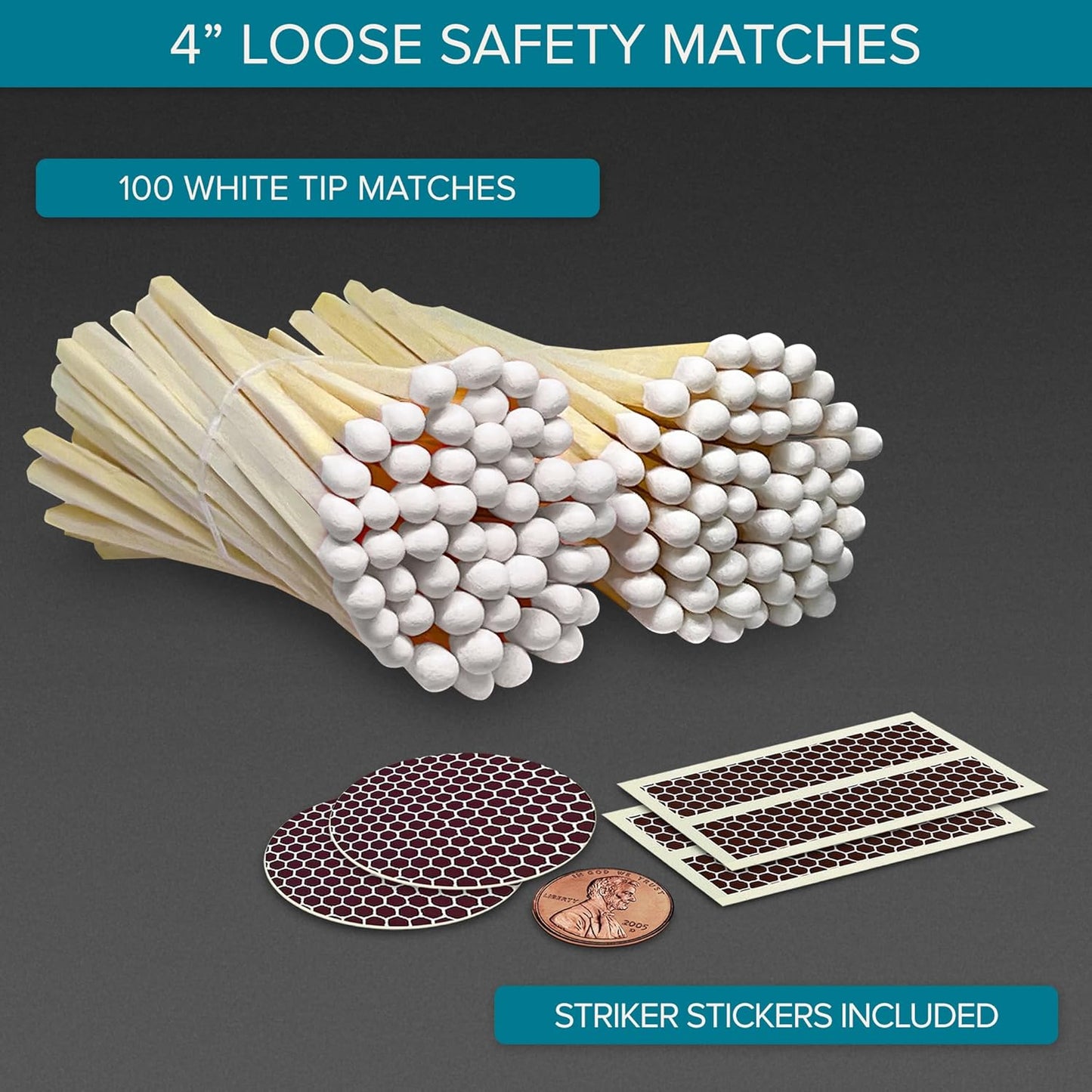 4" Classic White Tip Matches (100 Count, with Striking Stickers Included) | Decorative Unique & Fun for Your Home, Gifts, Accessories & Events | Premium Long Wood Safety Matches by Thankful Greetings
