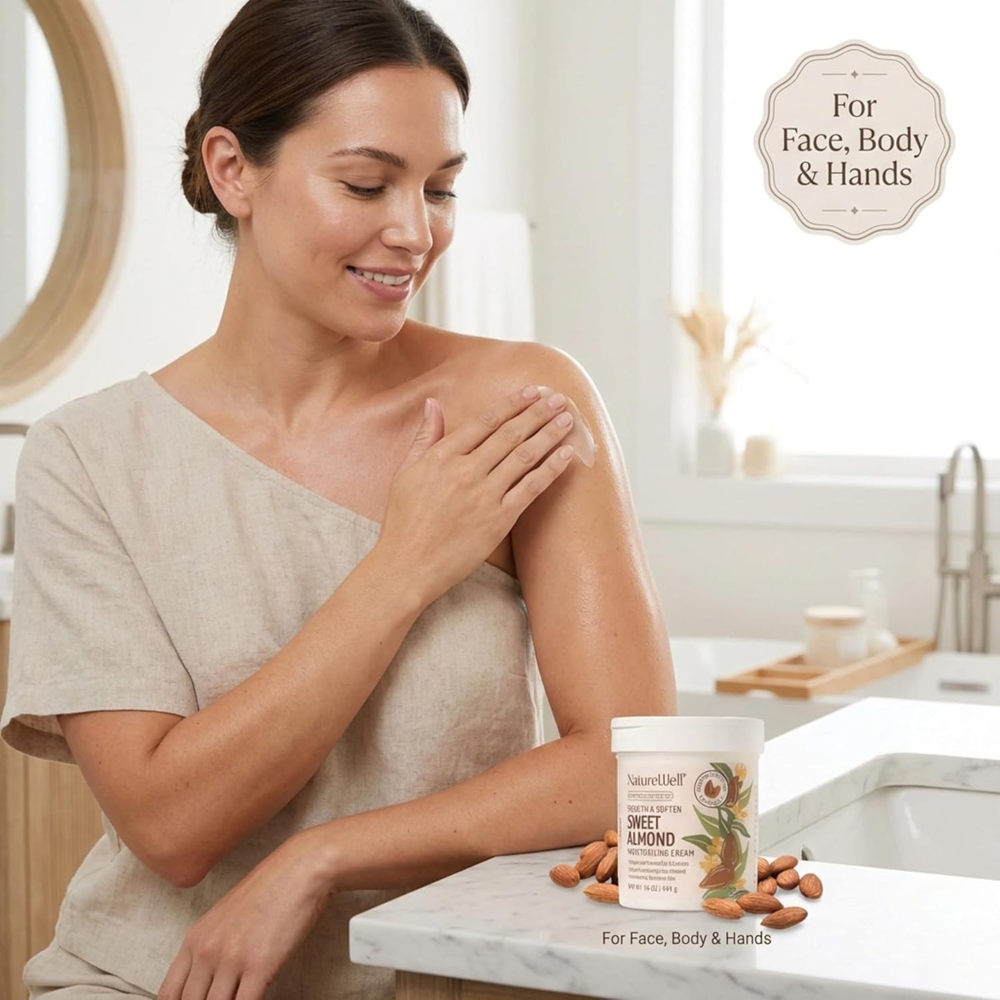 NATURE WELL Sweet Almond Body Cream, Moisturizing Cream for Dry & Sensitive Skin, Hydrating Body Moisturizer with Natural Oils & Extracts, Coco-Almond Scent, Dermatologist Tested, 16 Oz